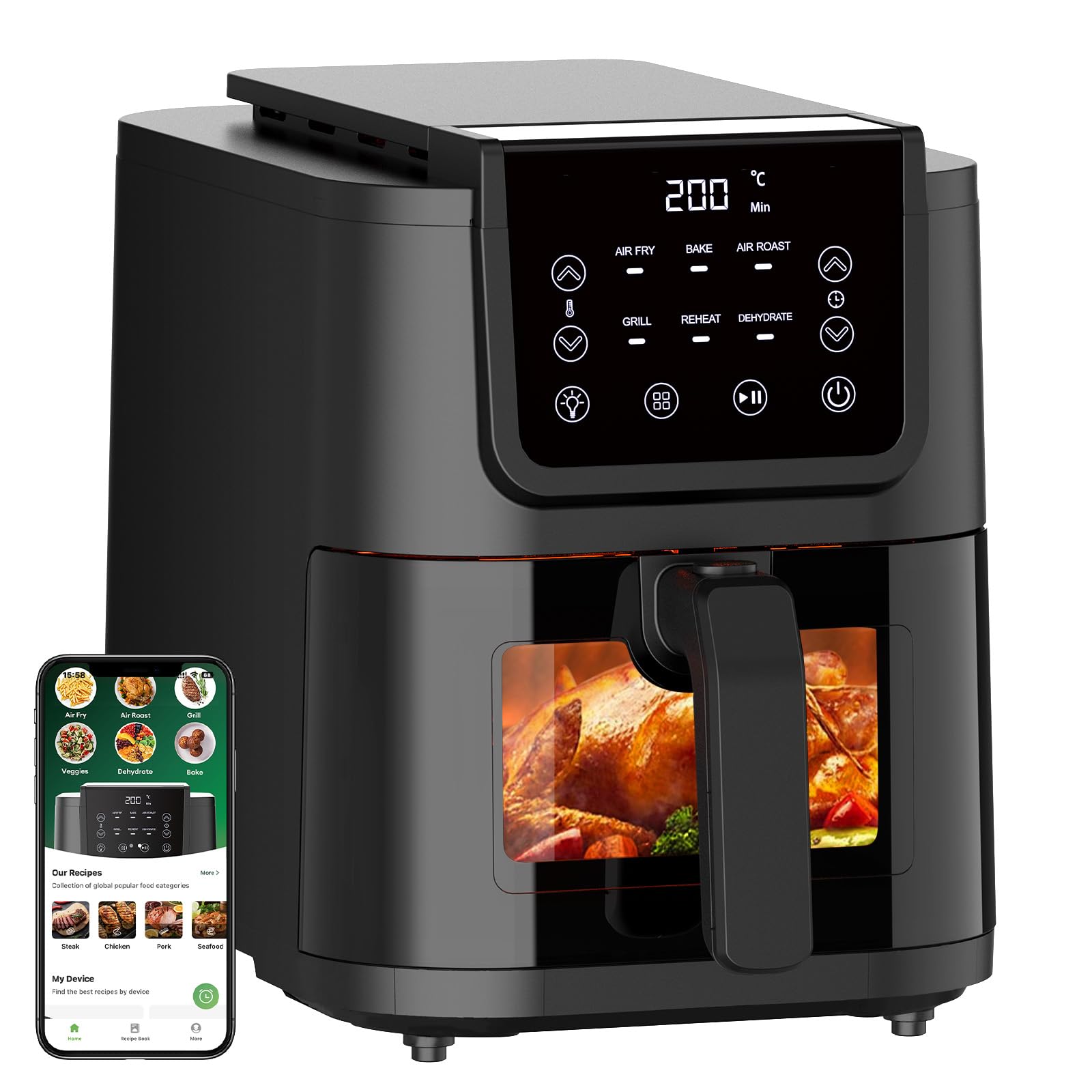 CHEFREE Friggitrice ad Aria 5 Litri, 1500W Air Fryer Resistente alle Macchie, Forno ad Aria 90% Senza Olio con Finestra Visibile, Miglior Friggitrice ad Aria Versatile 40-200°C, Ricette Online AFW01