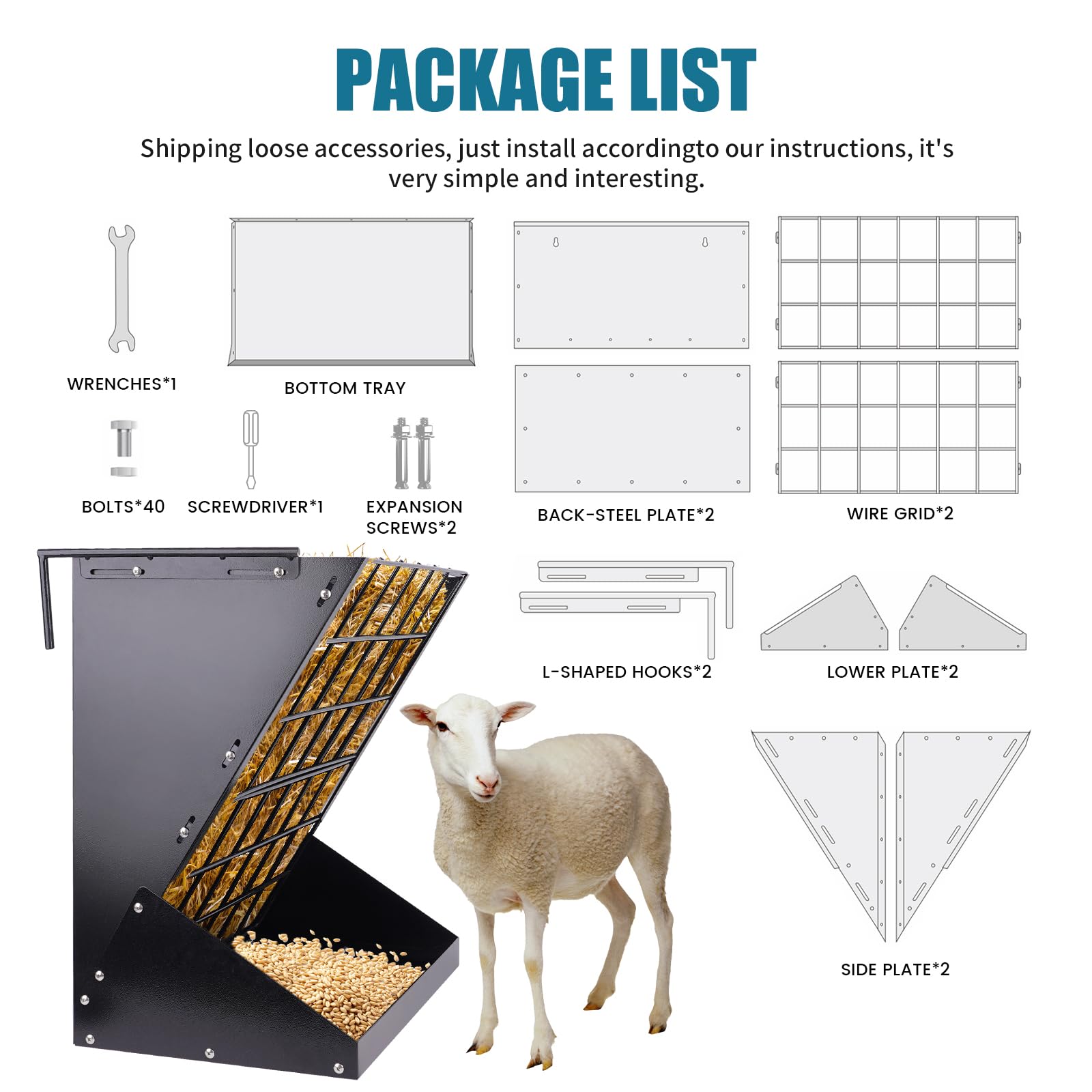 Gran Alimentador de Heno de Oveja Resistente Metal Comedero para Cabras Heno Colgante para Ovejas Cabras Terneros Caballos Alpacas Fácil de Limpiar (Negro)