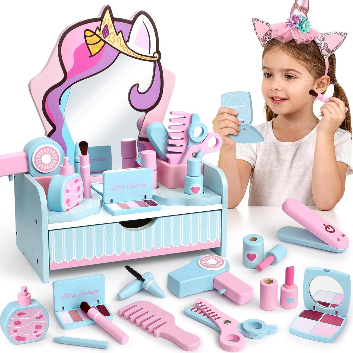 Atoylink Wooden Makeup Vanity Set for Girls, Unicorn Pretend Play Kids Table Toys with Mirror, Drawer, Hair Salon Set & Makeup Accessories, Gift About Princess Dress Up for Toddlers Aged 3, 4, 5-8