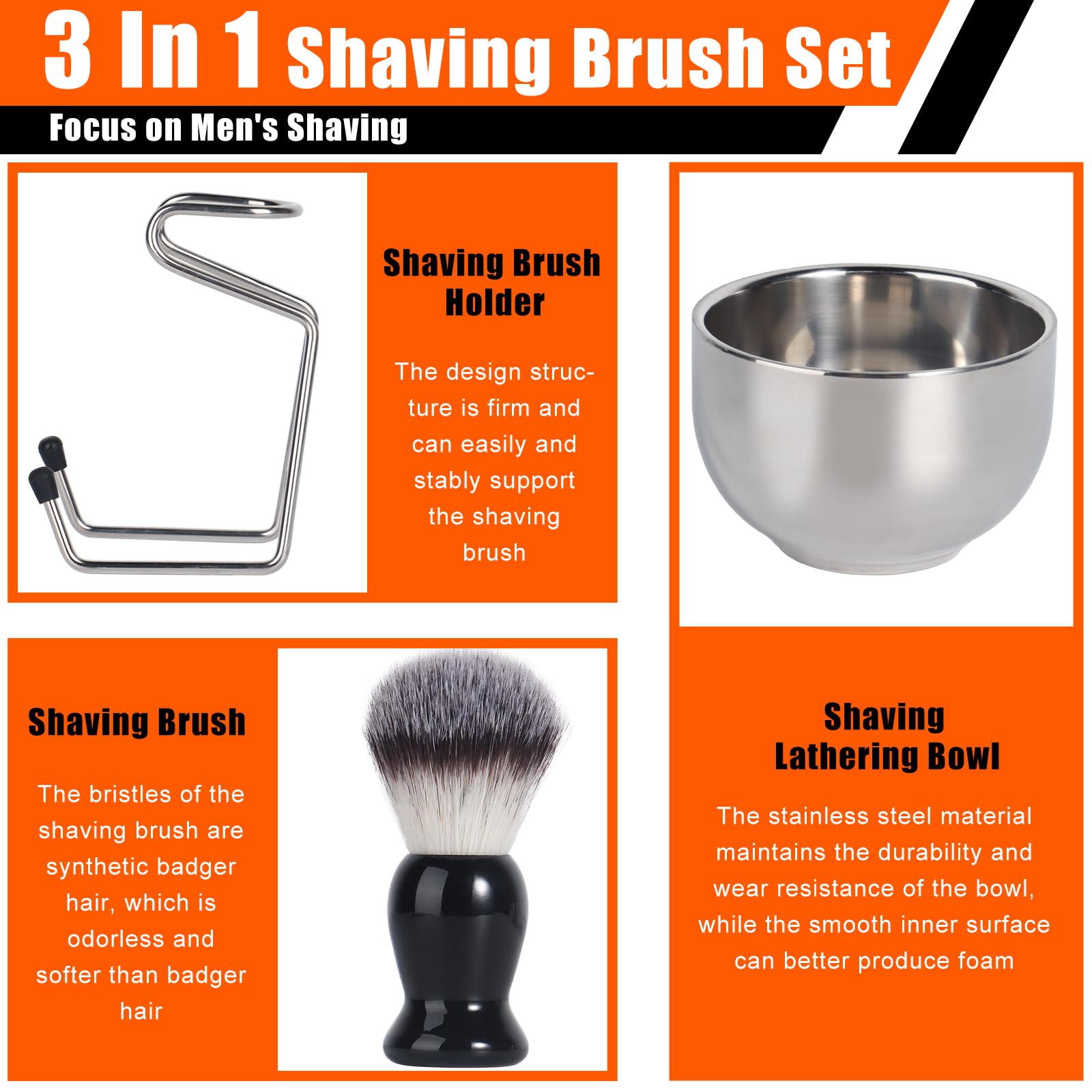Set di pennelli da barba 3 in 1 con supporto in acciaio inox e ciotola, setole sintetiche di tasso per rasatura da uomo, idea regalo