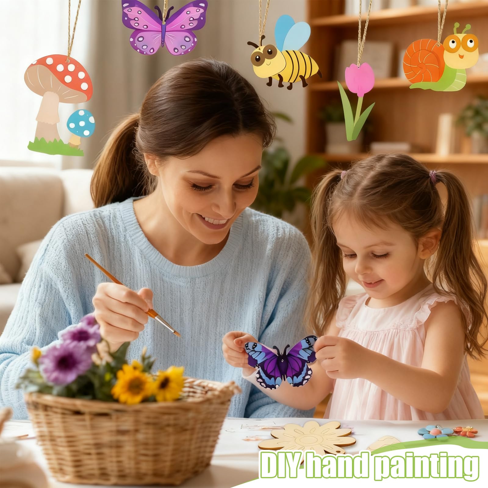 36Pcs Wooden Craft Shapes Blank Wood Ornaments DIY Woodens Crafts Kit Woodens Flower Butterfly Shapes for Kids Unfinished Wood Cutouts with Hole with Twine for DIY Crafts Home Decoration Craft Project - Image 4