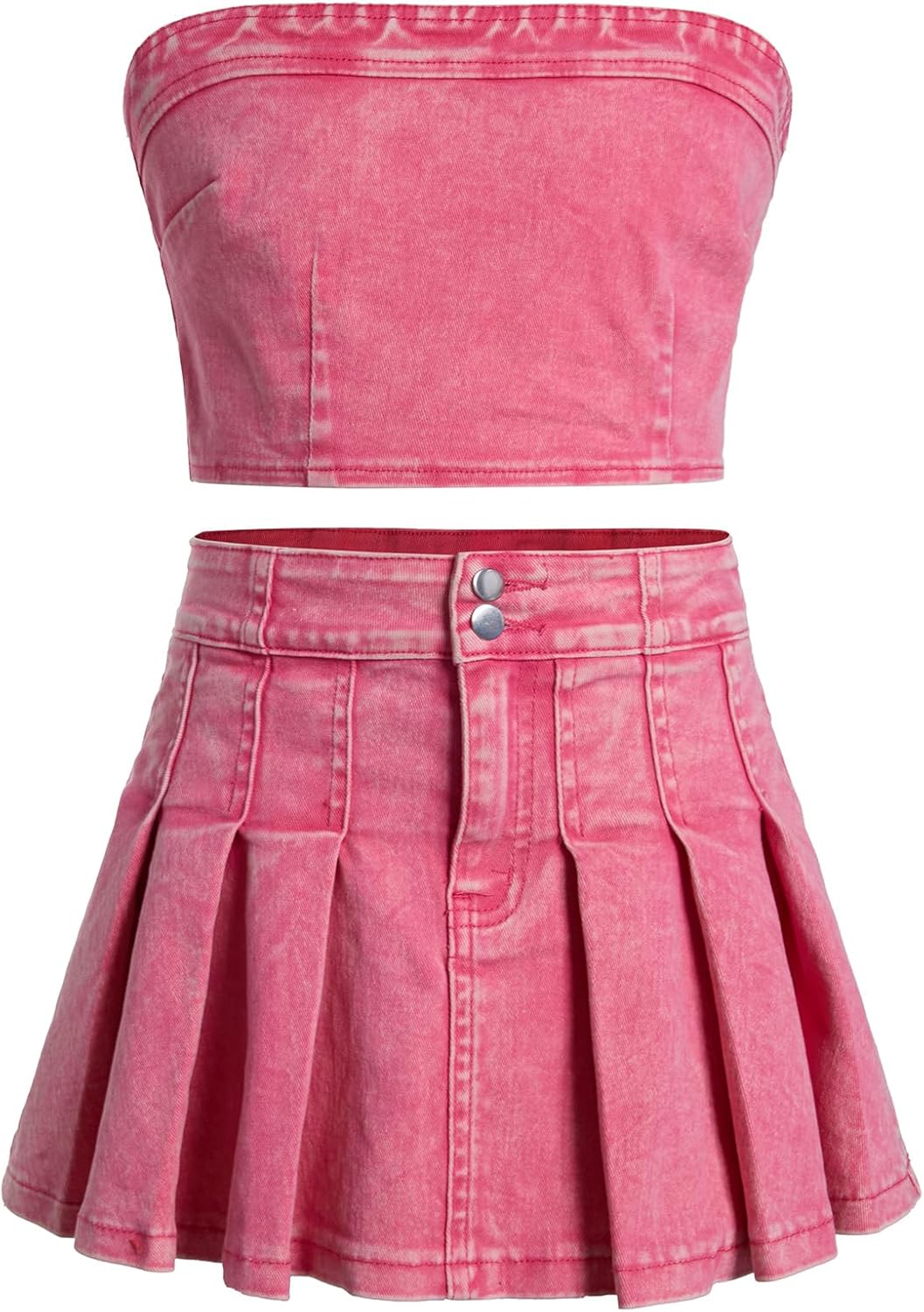 WDIRARA Girl's Y2K 2 Piece Outfits Bandeau Tube Tops Jeans Denim Sets A Line Pleated Mini Skirt Set