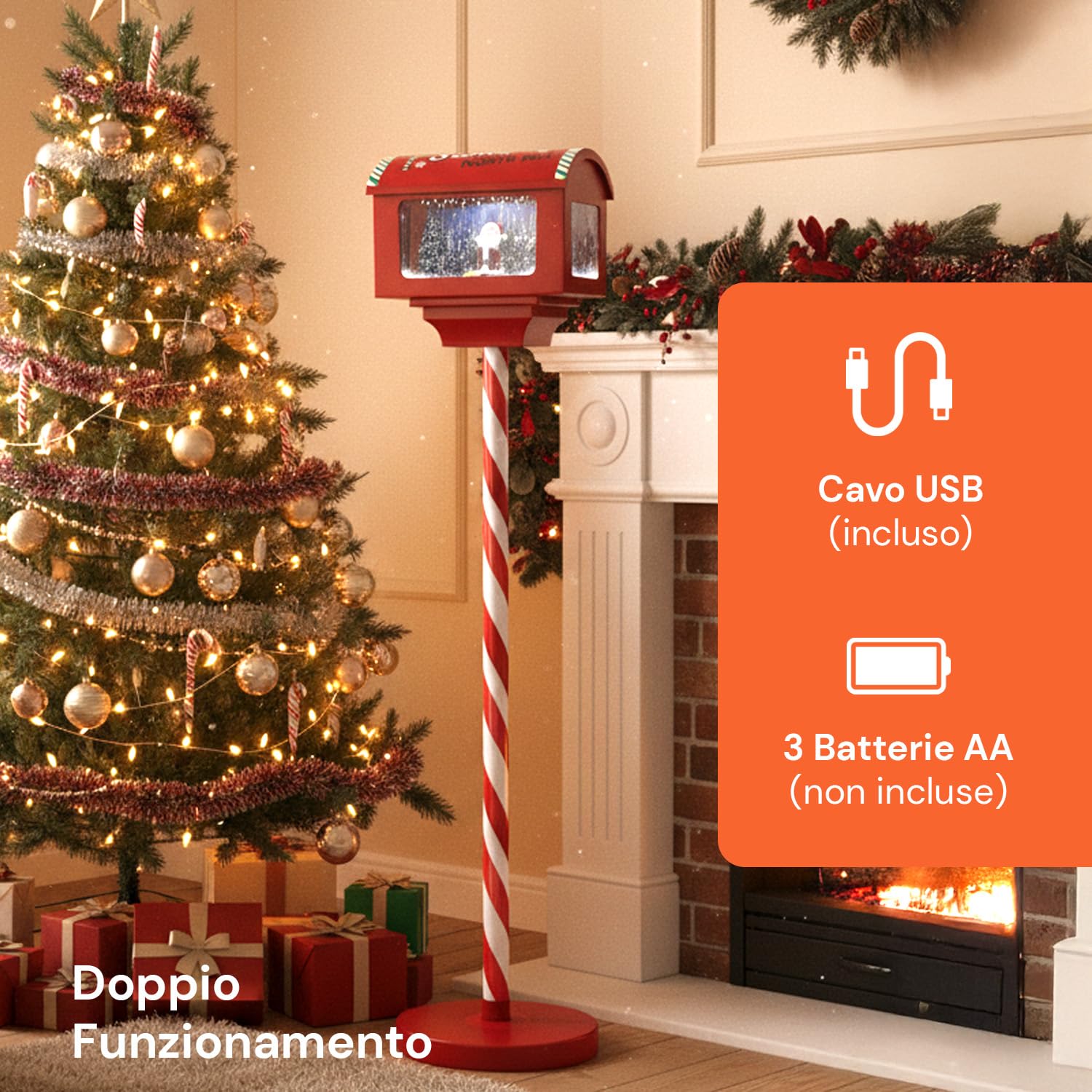 Wintem - Box Postale Scenografica 150cm con Luci, Suoni e Movimento per Decorazioni Natalizie di Grande Impatto, Funzionamento Tramite Cavo USB e 3 Batterie AA