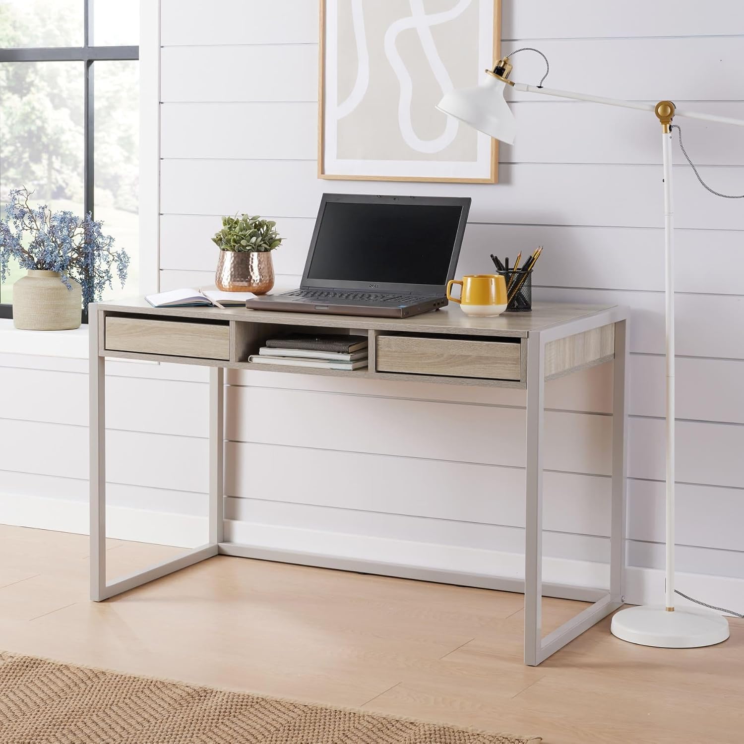 Home Source Office Desk, White – Compact Computer Workstation Table with 1 Drawer and 1 Door Cabinet for Home or Office Use
