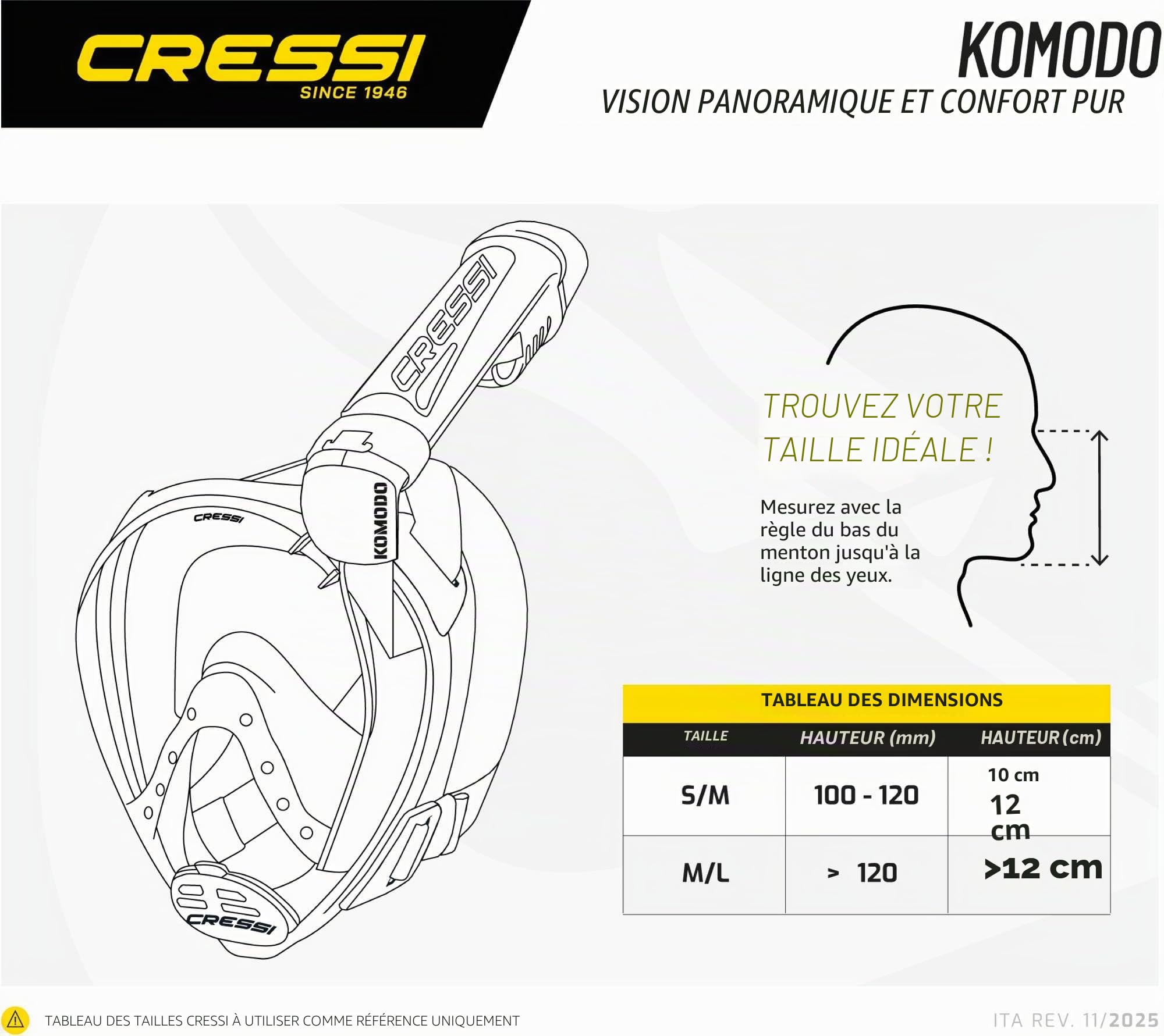 CRESSI Depuis 1946 - Komodo Full Face Masque intégral Dry pour Snorkeling Vision à 180° - CO2 Sûre - Silicone 100% Anti Buée - Tuba Latéral - Sangles Élastiques Réglables