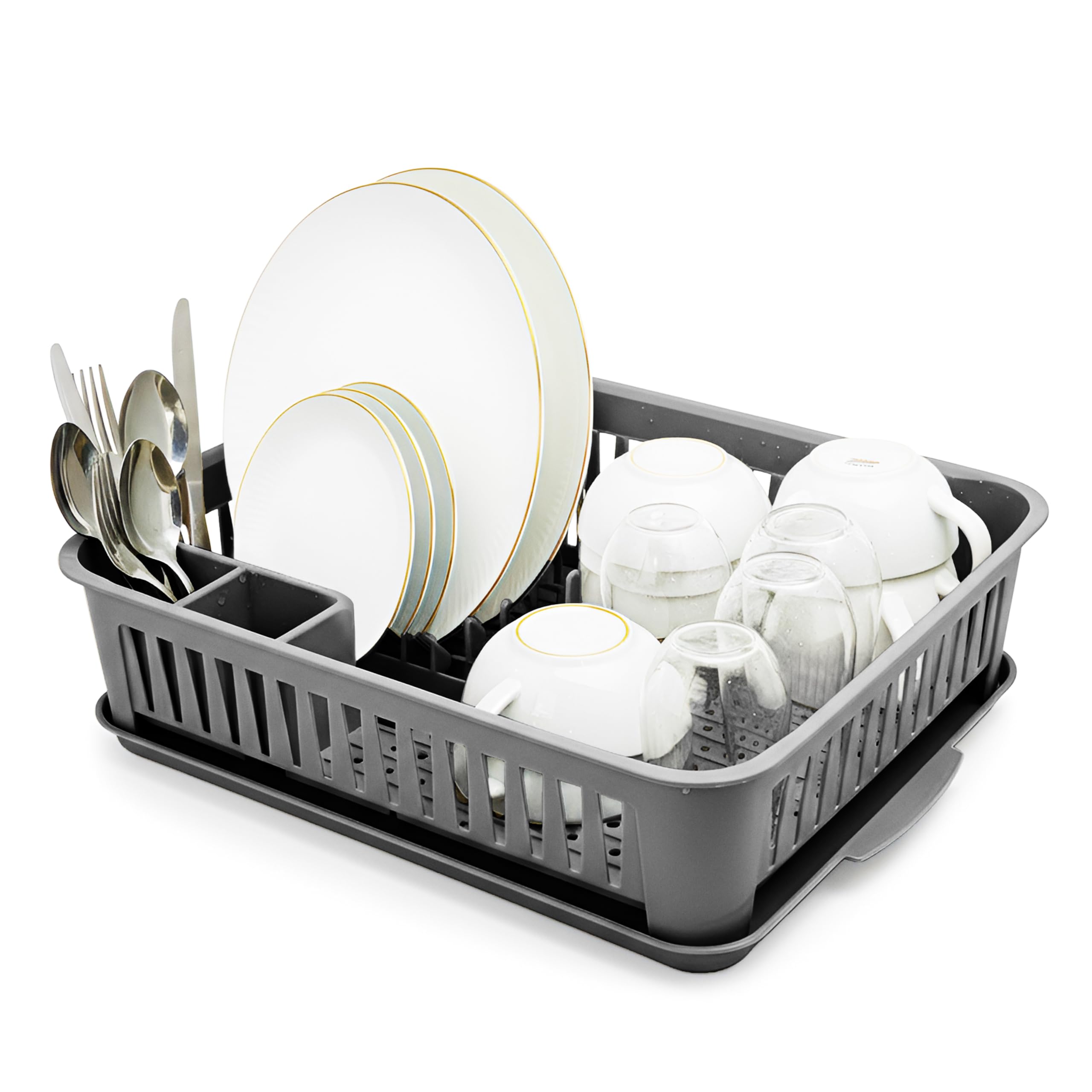 Divchi Grey Dish Drainer & Drying Rack With Removable Drip Tray & Cutlery Holder Space Saving Plastic Dish Draining Organizer For Kitchen Counter, Detachable Water Tray With Spoon Holder (Grey)