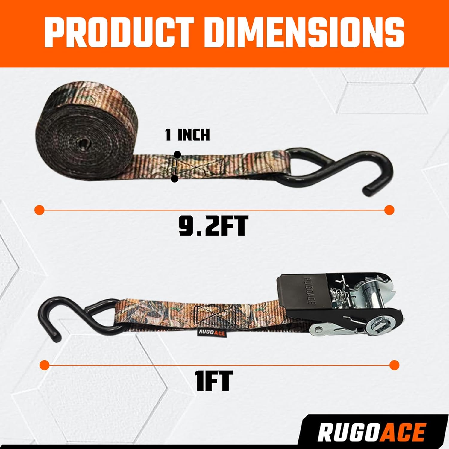 8PK Ratchet Tie Down Straps 1" x 10ft, 300lbs Load Capacity, 900lbs Break Strength, Durable for Moving Appliances, Lawn Equipment, Motorcycles, Cargo Trucks, Trailers & More (Camouflage)