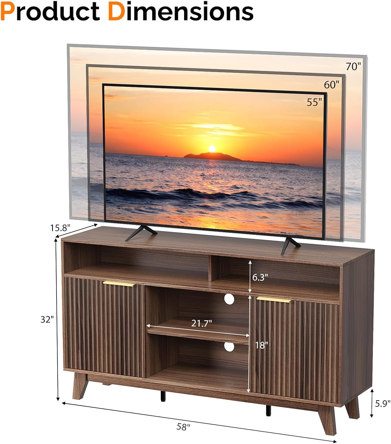 Diagram showing product dimensions and TV size compatibility for 55, 60, and 70 inch TVs.