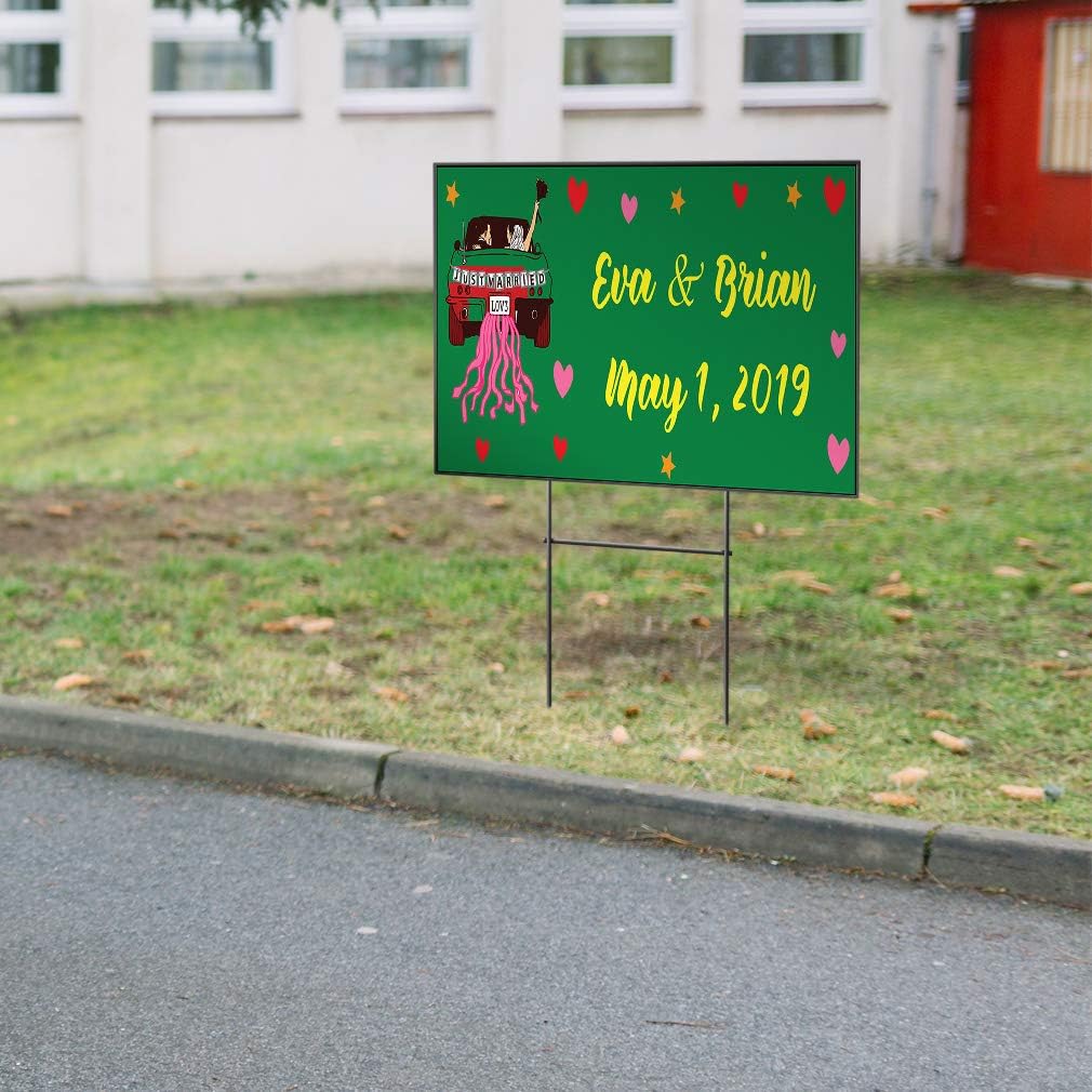 Bride Groom Name Date Just Married Green Custom Personalized Yard Sign Wedding Car and Hearts Green Wheatherproof for Sale Sign Sets of 2, 3, 5 18INx12IN One Side Print Set of 2