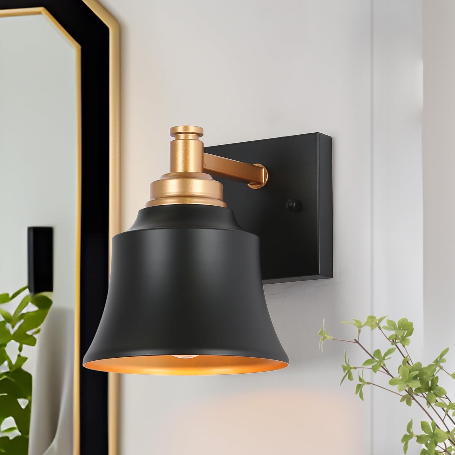 LALUZ Modern Wall Sconce, Black Gold Wall Light with Metal Shade, Farmhouse Wall Mount Light Fixture for Bedroom Bathroom Hallway