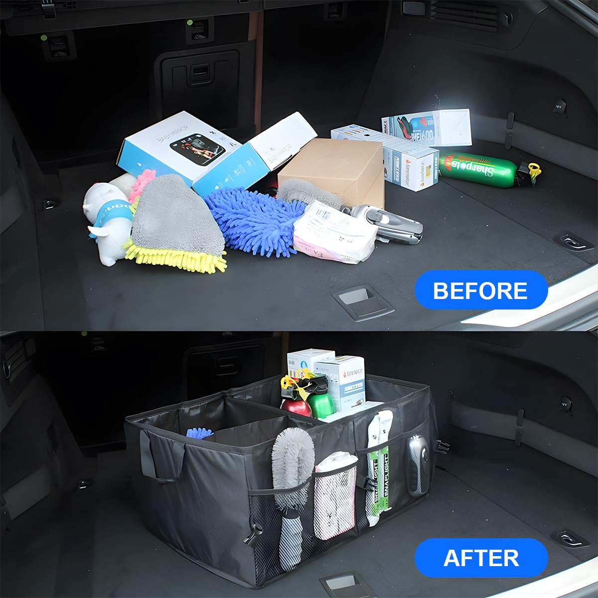 Mandark Car Trunk Organizer, Collapsible Multi Compartment Vehicle Storage Box, Waterproof Adjustable Automotive Organization Container Accessories, Universal for SUV, Sedan, Truck (Black)