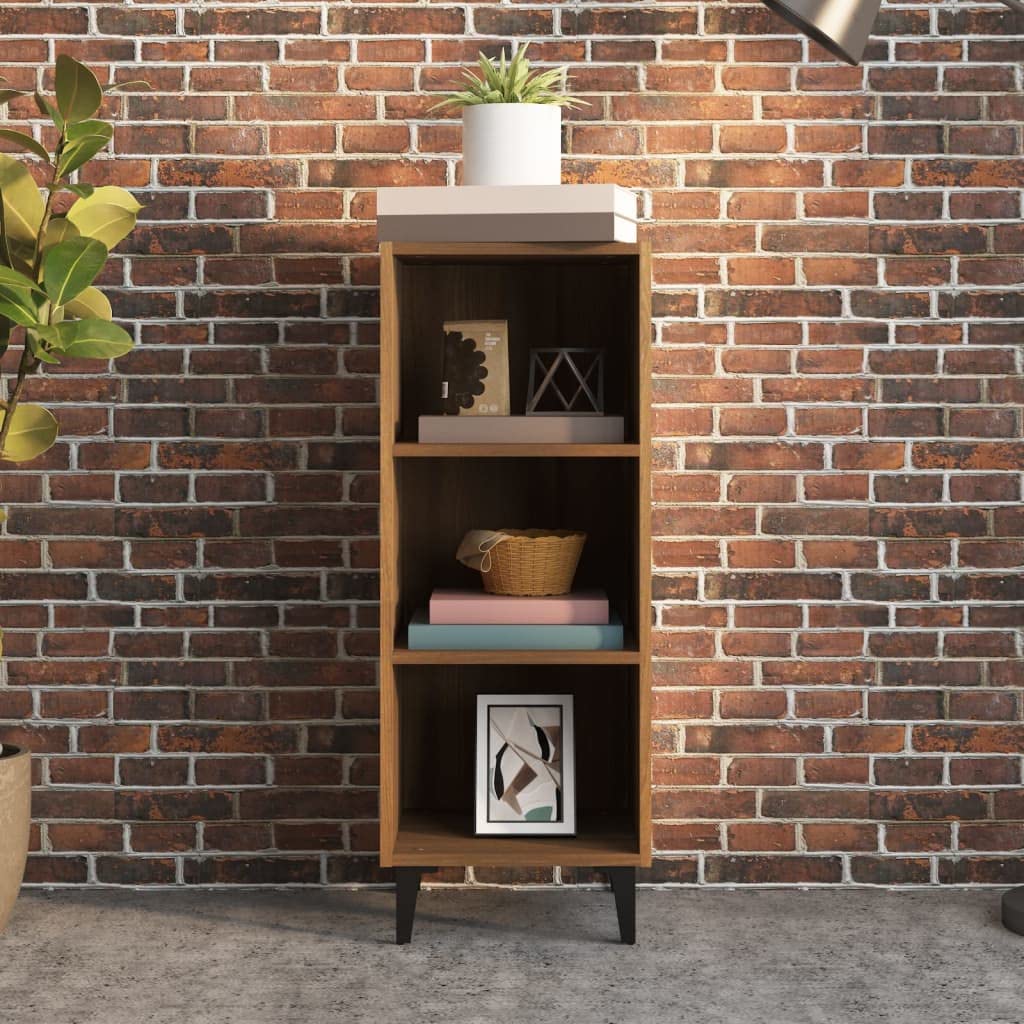 Sideboard Braun Eichen-Optik aus Holzwerkstoff mit Metallbeinen 34,5x32,5x90 cm Stauraum für Wohnzimmer Flur Schlafzimmer, kompakter Schrank mit 3 Fächern, moderner Beistellschrank