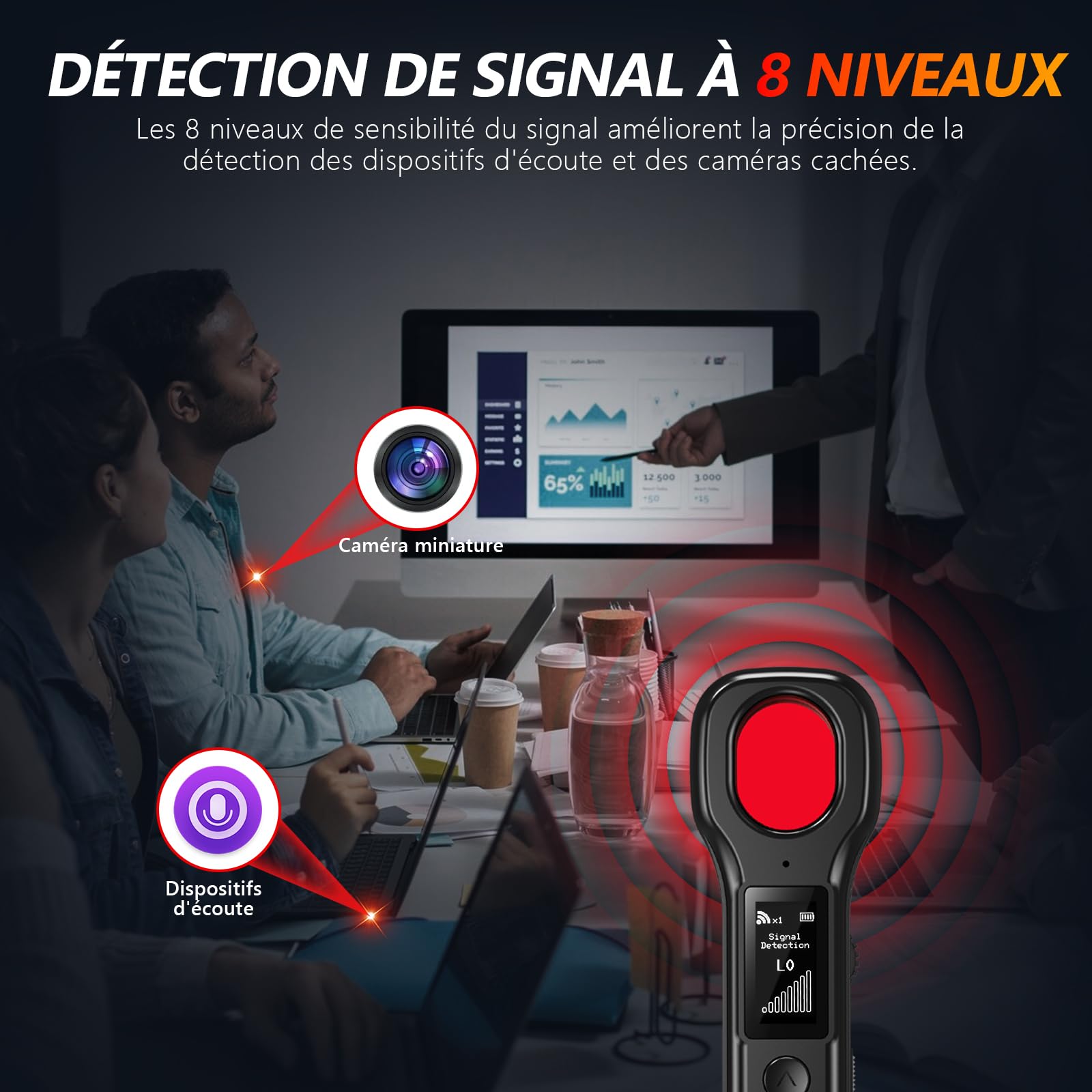 LONGYI Détecteur de Micros, Détecteur de Caméras Professionnel pour Détecter Les Caméras Cachées, avec écran LED HD, jusqu'à 10 Heures d'autonomie, idéal pour Les Hôtels