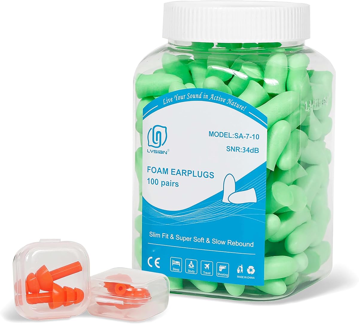 LYSIAN 35dB SNR Slim Foam Ear Plugs, Small Ear Canals, 100 Pairs, Aqua | noise reduction earplugs for sleeping, snoring, travel & quiet rest; for women & teens