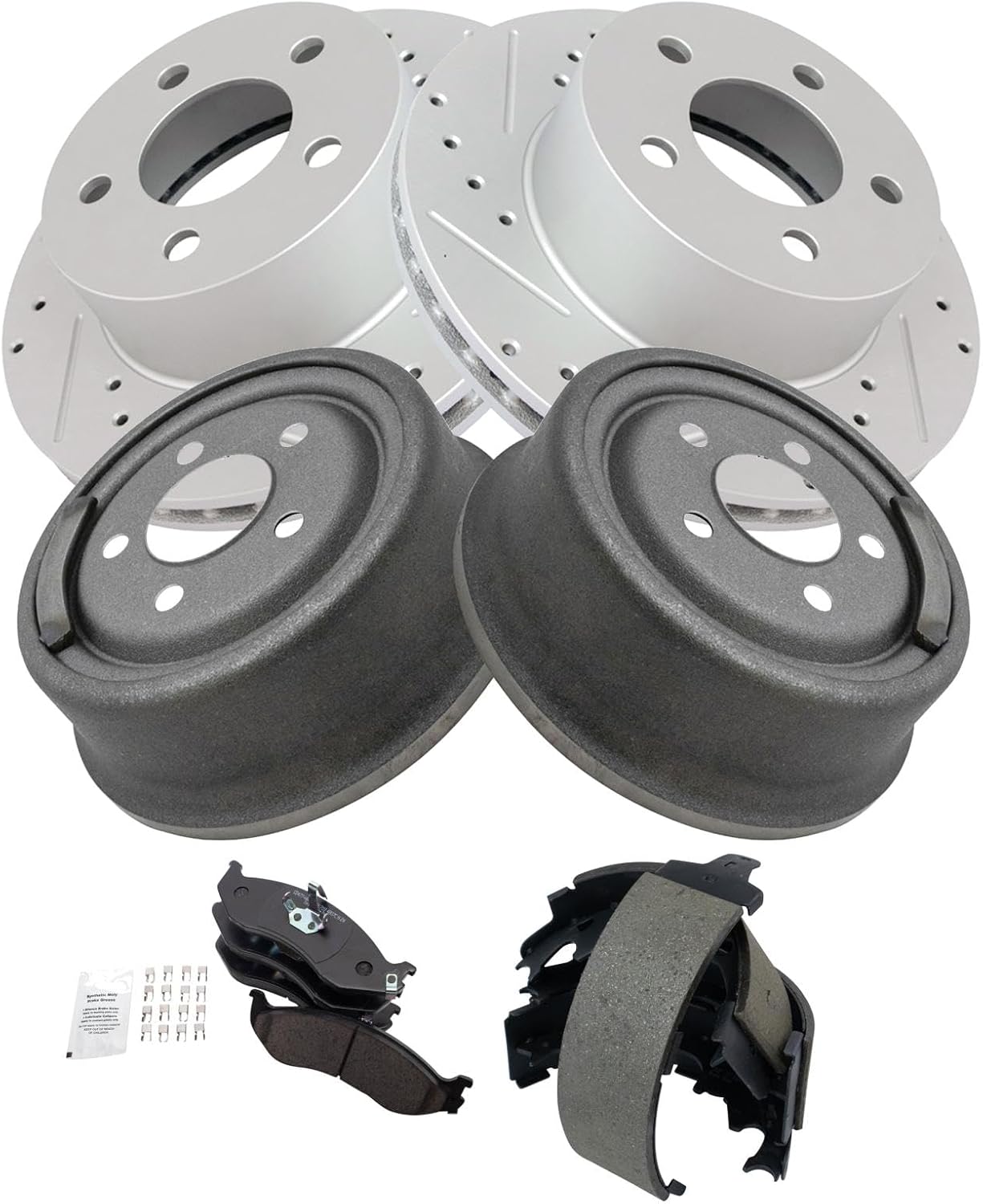 TRQ Front & Rear Brake Pad & Rotor Kit Premium G-Coated Ceramic Performance Slotted X Drilled Compatible with 1990-1999 Jeep Cherokee 1990-1992 Comanche 1990 Wagoneer Wrangler