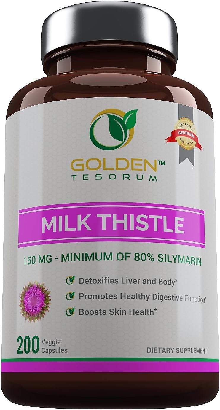 Pure Milk Thistle Seed Extract 200 Veggie Capsules for Maximum Results in Liver and Body Cleanse for Men and Women Made in USA. Silybum Marianum.