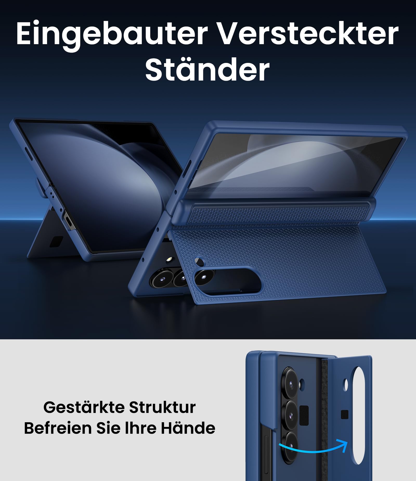 für Samsung Galaxy Z Fold 5 Hülle mit Scharnierschutz, Ständer, Blau