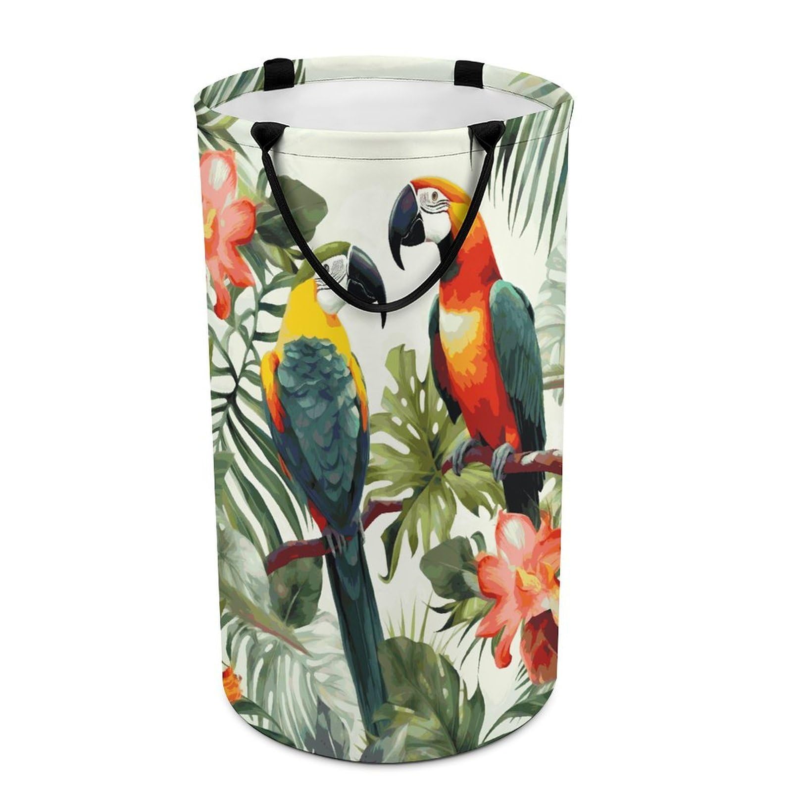 Toucans Parrot Palm Tree Leaves Laundry Basket Waterproof And Moisture-Proof Storage Bins Collapsible Round Laundry Hamper Perfect for Toys, Clothes And Sundries