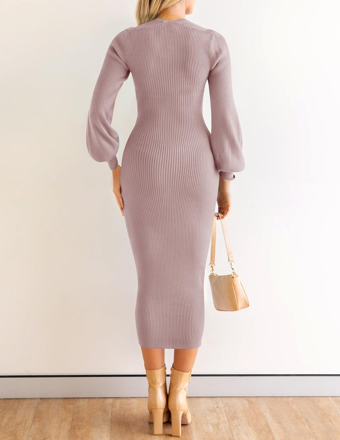 ZESICA Women's 2026 Square Neck Ribbed Knit Dress Puff Long Sleeve Slim Fit Bodycon Fall Winter Pullover Sweater Dress - Image 4