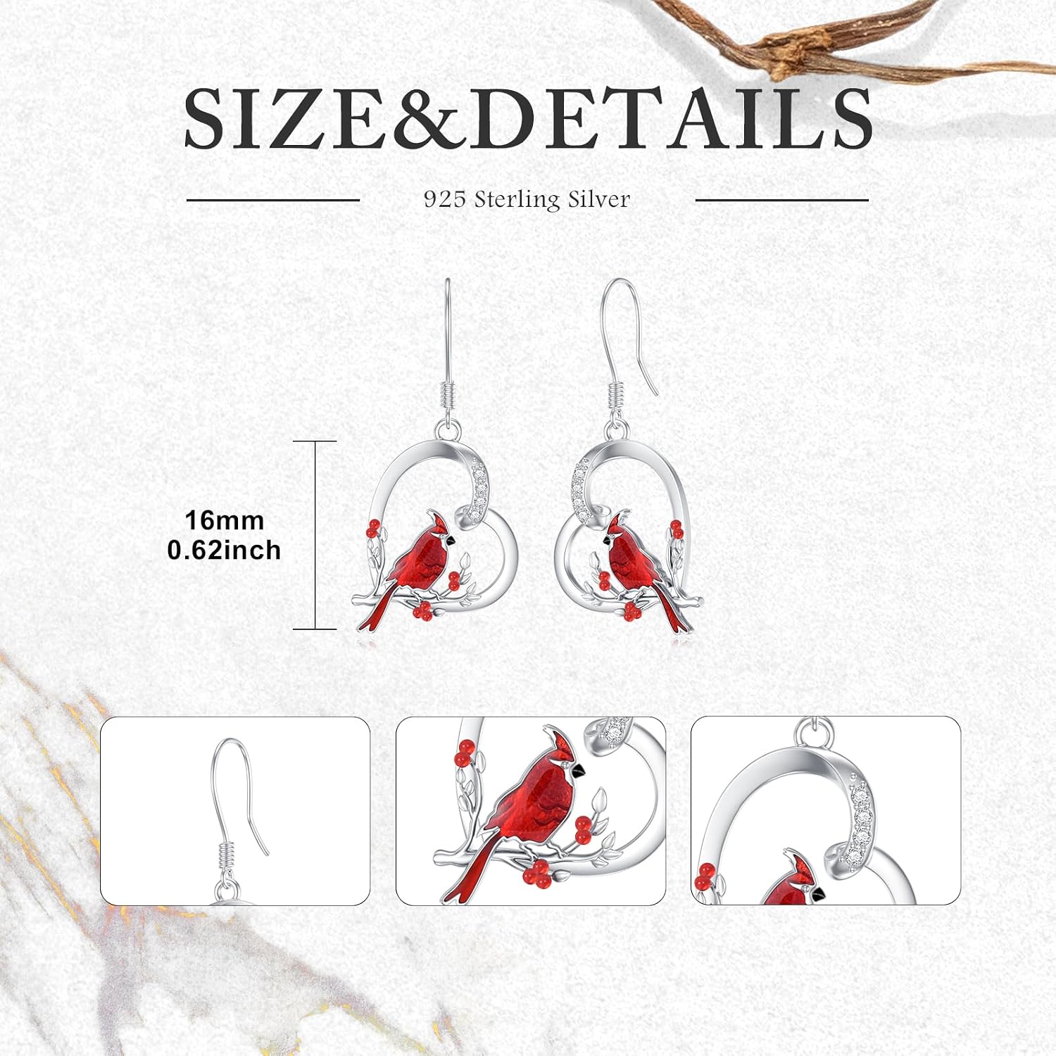 Diamond Red Cardinal Earrings for Women Sterling Silver 925 Cardinal Bird Dangle Earrings Cute Heart Cardinals Diamond Jewelry for Women