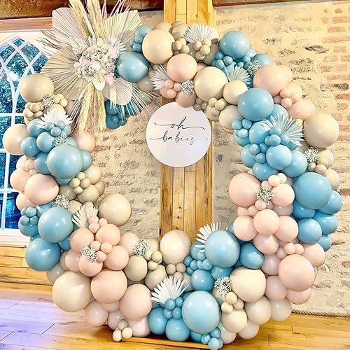 Miniatura 2 de Kit de guirnalda de globos rosa y azul, arco de globos de doble relleno para revelación de género, color rosa polvoriento, azul, blanco, arena,