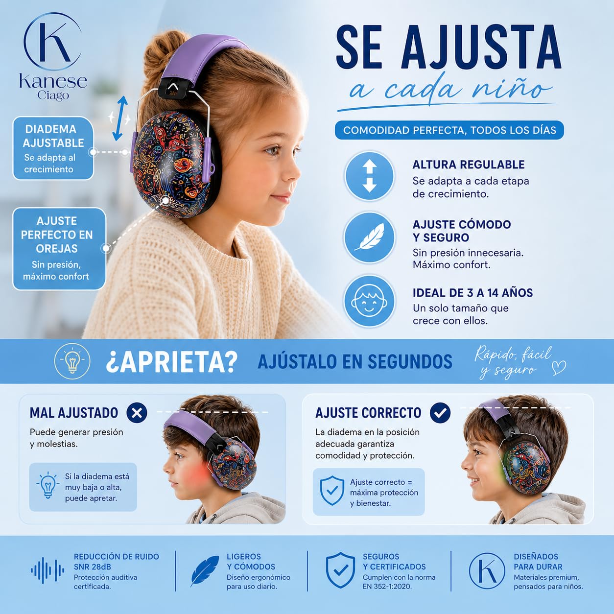 Cascos Antirruido para Niños 3-14 Años – SNR 28 dB; Protectores Auditivos Plegables y Ajustables; Orejeras Insonorizadas para Conciertos; Fuegos Artificiales, Estudio, Ideales para Autismo