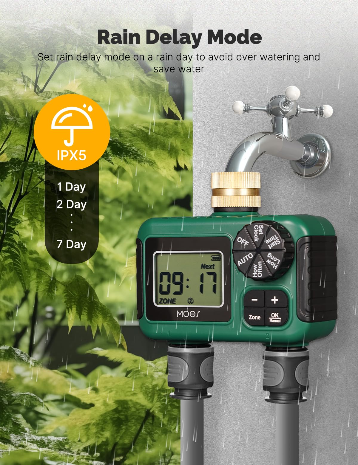 MOES Timer irrigatore a 2 uscite, ingresso in ottone, regolatore automatico programmabile per irrigazione, ritardo pioggia, irrigazione manuale, timer per tubi dell'acqua a 2 zone per giardini, prati