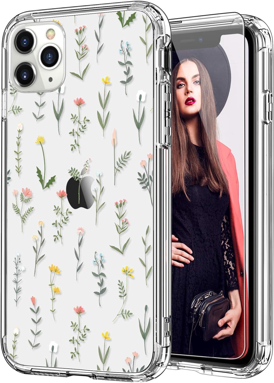 ICEDIO iPhone 11 Pro Case with Screen Protector,Clear with Cute Flower Garden Patterns for Girls Women,Shockproof Slim Fit TPU Cover Protective Phone Case for Apple iPhone 11 Pro 5.8 Inch