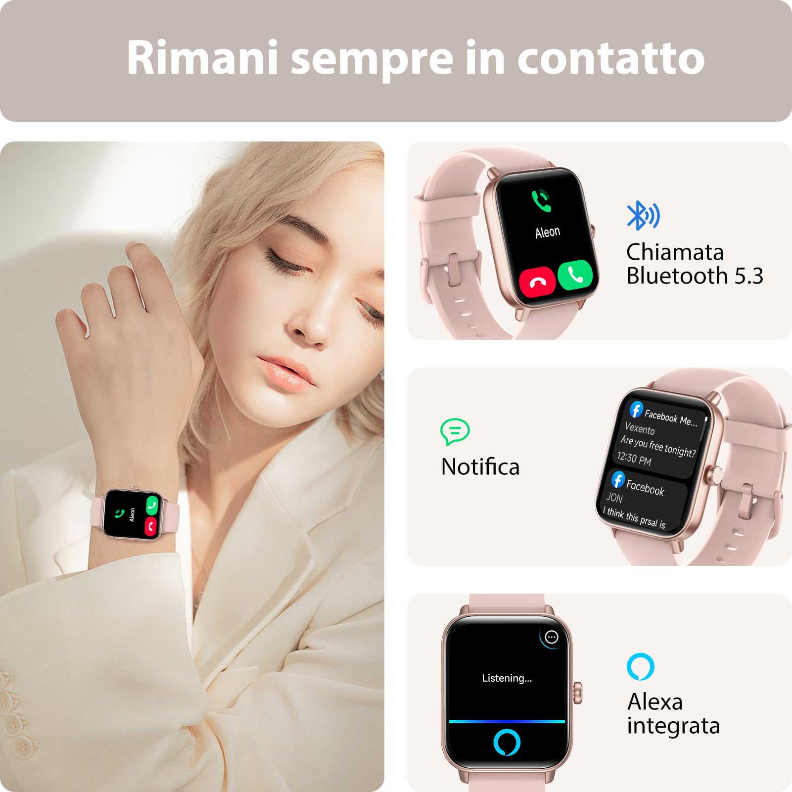 Smartwatch Uomo Donna Rispondi/Effettua Chiamate, 1.8" Orologio Alexa Integrata, SpO2/Frequenza Cardiaca/Sonno/Stress, 100+ Sports, Contacalorie/Passi, IP68 Smart Watch per Android/iOS (Rosa, 1.8)