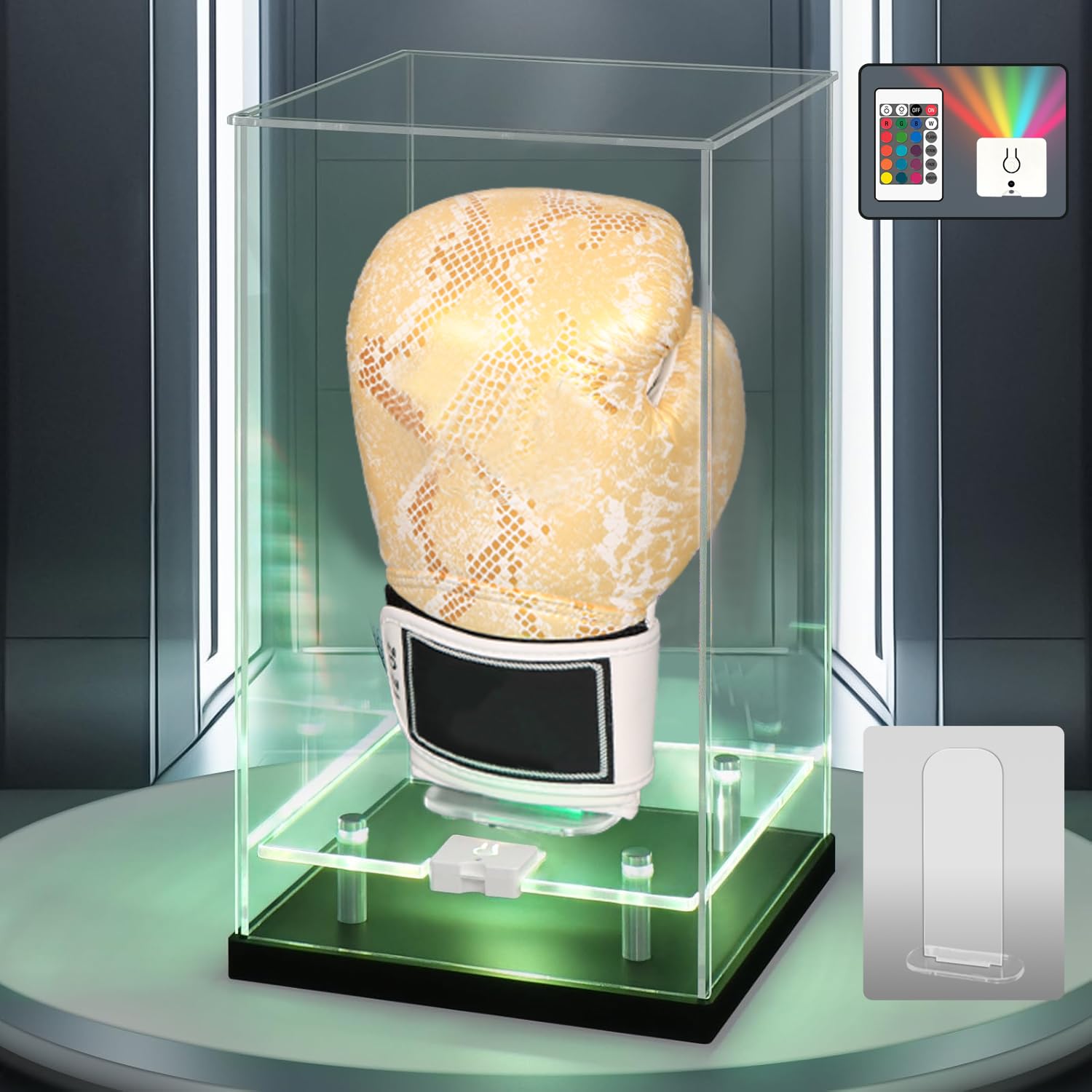 Boxing Gloves Display Case with Remote LED Lights, Double Tier 360° Clear Acrylic Showcase for Punching Bag Memorabilia, Trophy, Awards, Collectibles Dust-Proof Protection