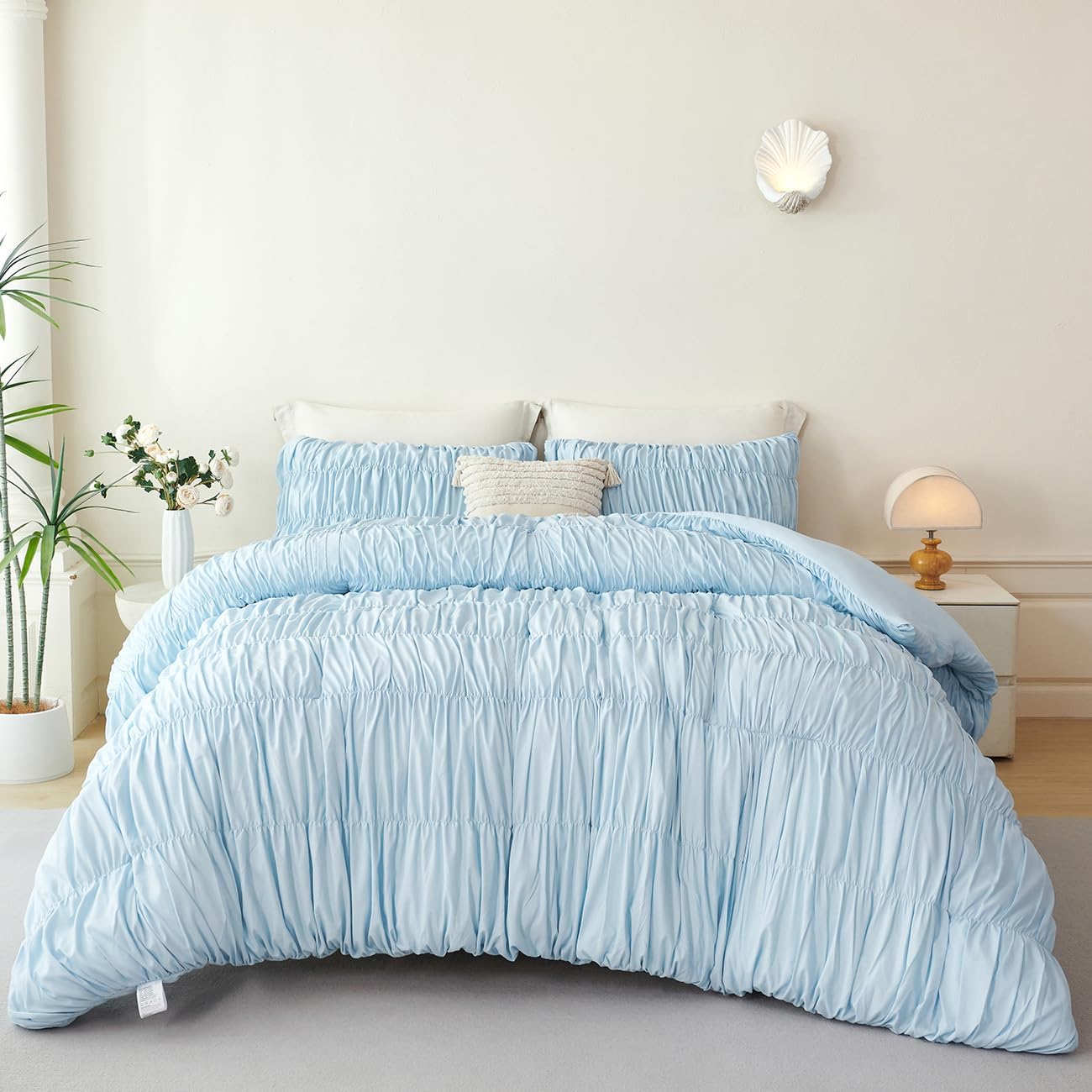 PERFEMET Queen Size Bed in a Bag Light Blue 5 Pieces Fluffy Boho Ruched Comforter with Sheets Luxury Soft Pleated Texture Bedding Comforter Set All Season Lightweight Vintage Ruffle Bed Sets, 90"x90" - Image 2