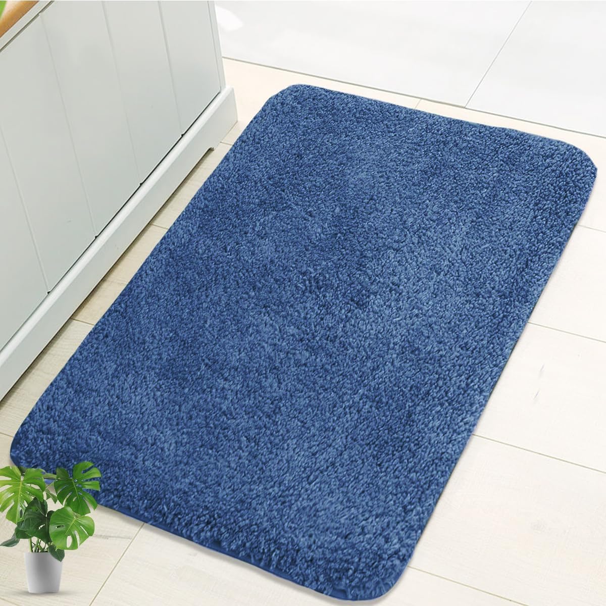 RUN HELIX Bathroom Mat 40x60cm, 0.8inch Fluffy Long Hair Non-slip Super-Absorbent Machine Microfibre Washable Bath Rugs for Bathroom Bathtub Floor, Blue