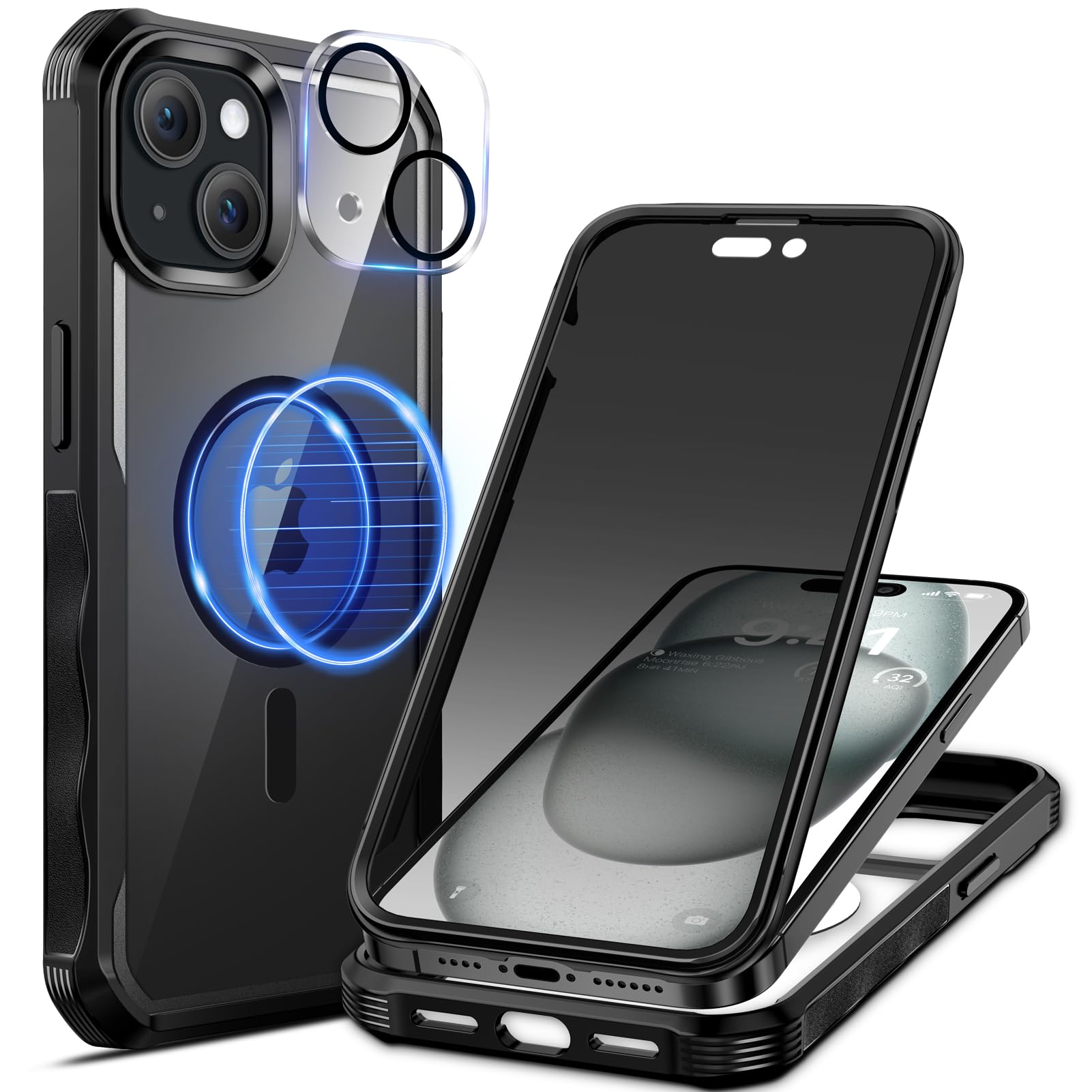 seacosmo Cover per iPhone 15 Plus Privacy Magnetica, Compatibile con Magsafe, Antispy Schermo Integrata in Vetro Temperato, Protezione Fotocamera, Custodia 360 Gradi Antishock Fronte Retro - Nero
