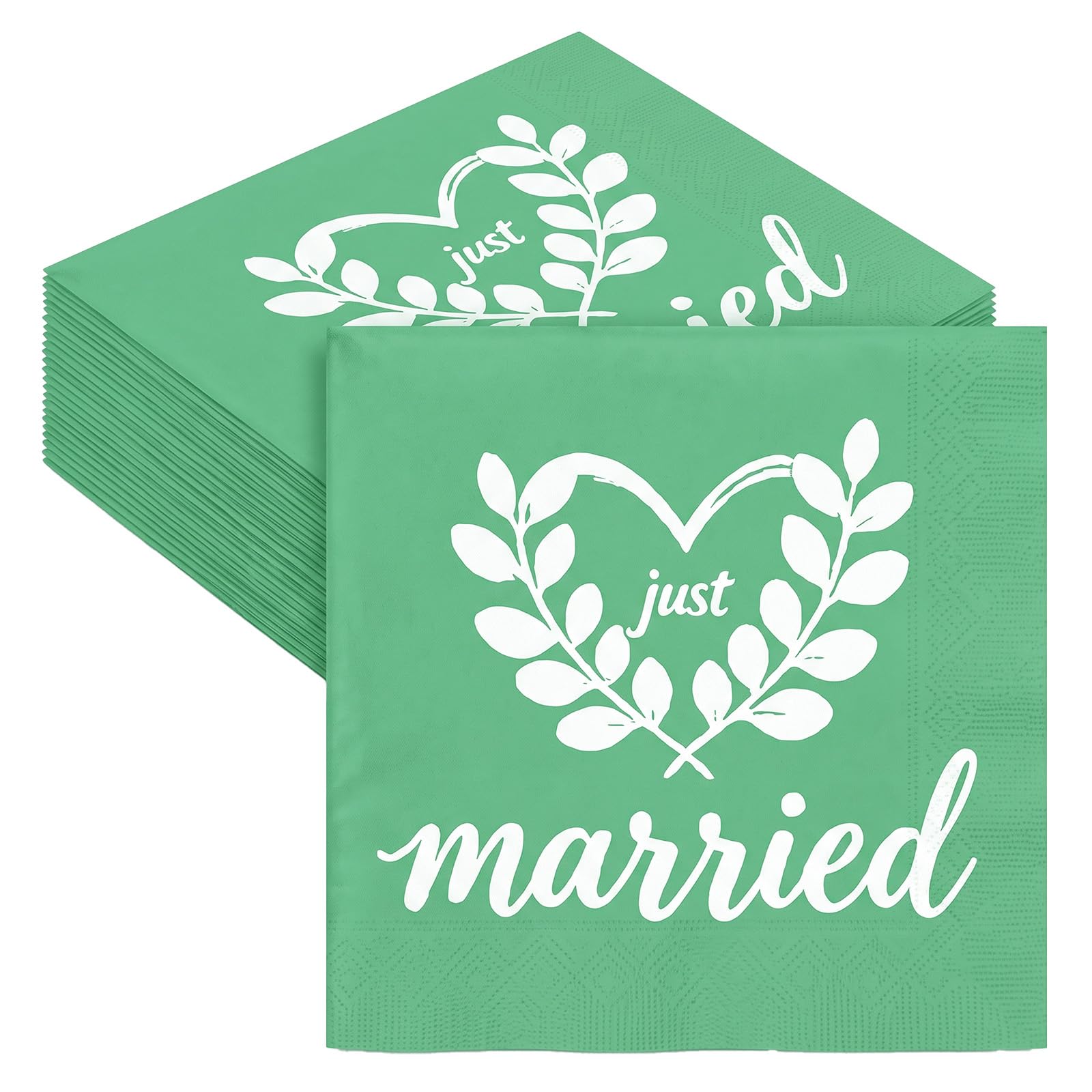 40-Pack Just Married Wedding Napkins - Green Disposable Paper Napkins