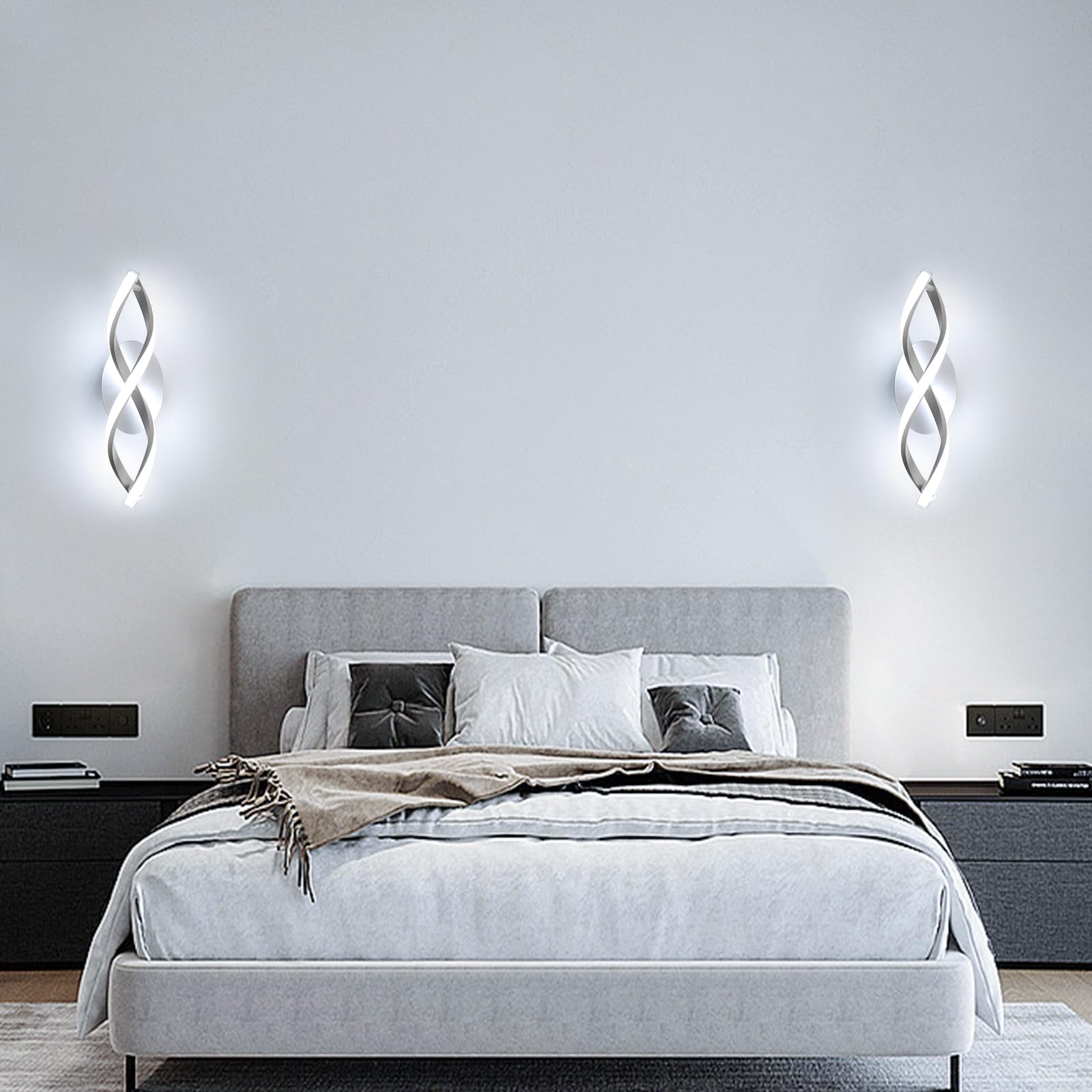 Comely Lámpara de Pared LED 16 W (~1800 lm) – Diseño Curvo Blanco-Plateado 6500 K – Iluminación Interior para Dormitorio, Salón, Pasillo o Escalera