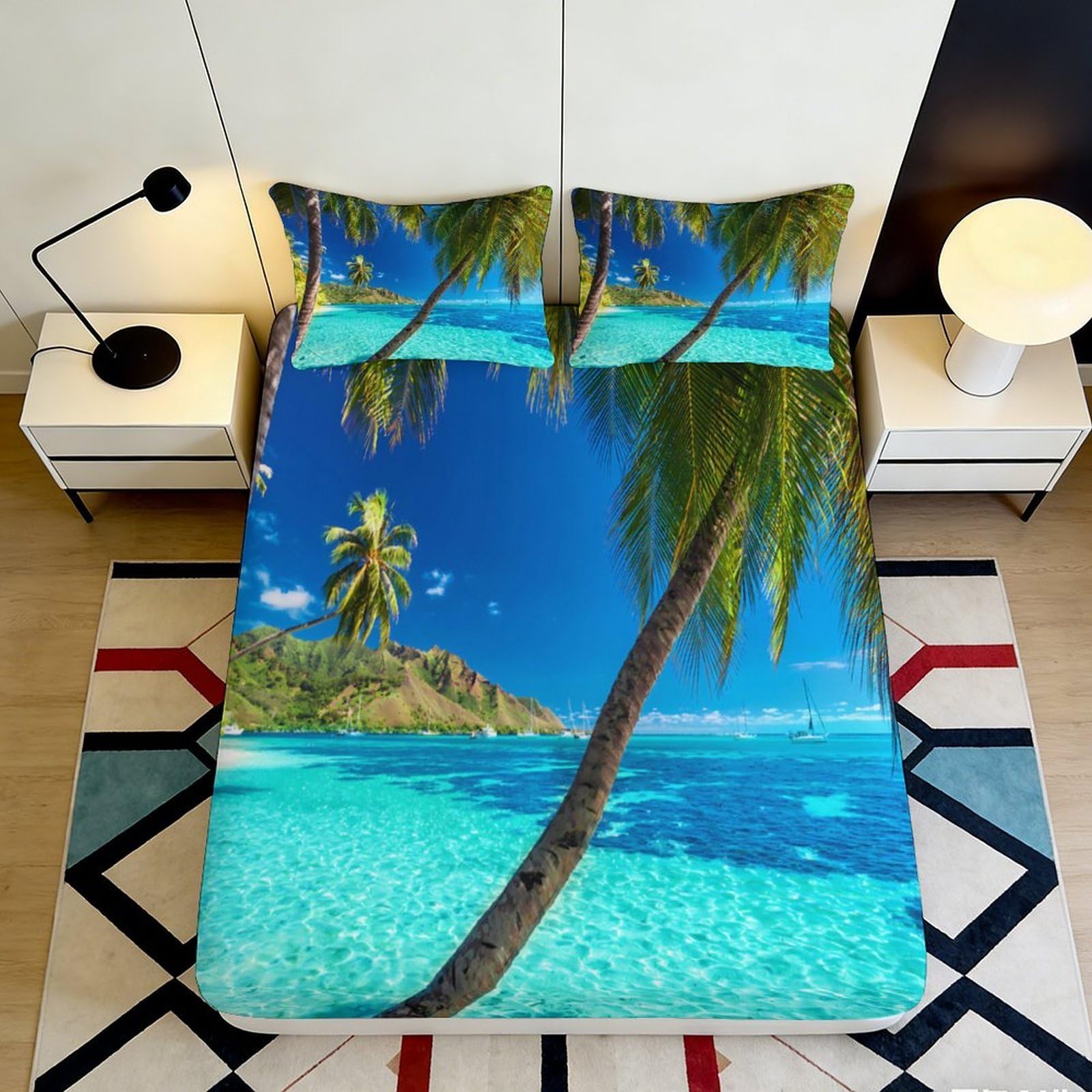 3D Printed Tropical Beach Fitted Sheet Microfiber Soft Palm Island Mattress Cover for Bedroom Guest Room Decor 90x200x25cm