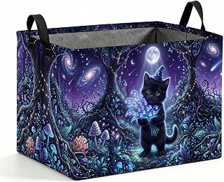 Wizard Black Cat Laundry Hamper 56L, Mystical Forest Foldable Laundry Basket with Reinforced Handles Storage Basket for Laundry Room, Bedroom, Bathroom, College Dorm Ideal Gift for Home