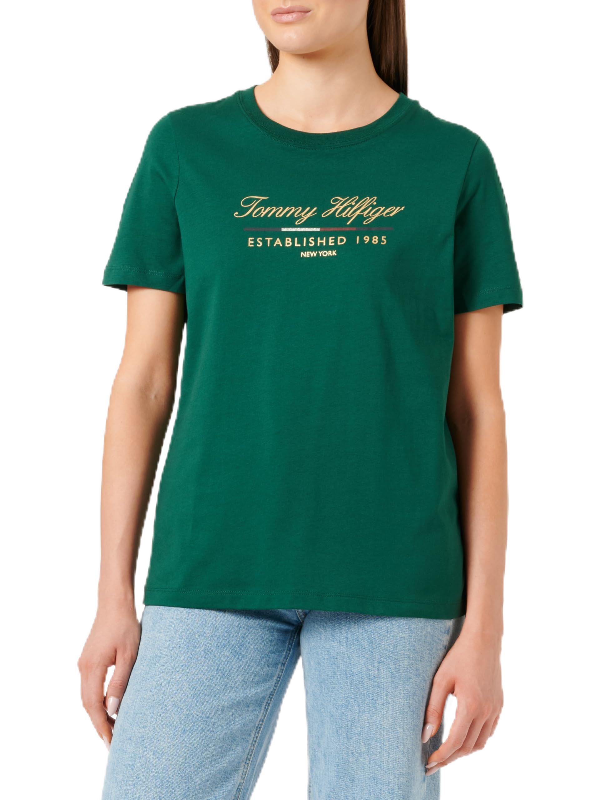 Tommy Hilfiger Damska koszulka REG Script Graphic C-NK SS WW0WW43502 S/S, ozdobna zieleń, M, Zielony (ozdobny zielony), M