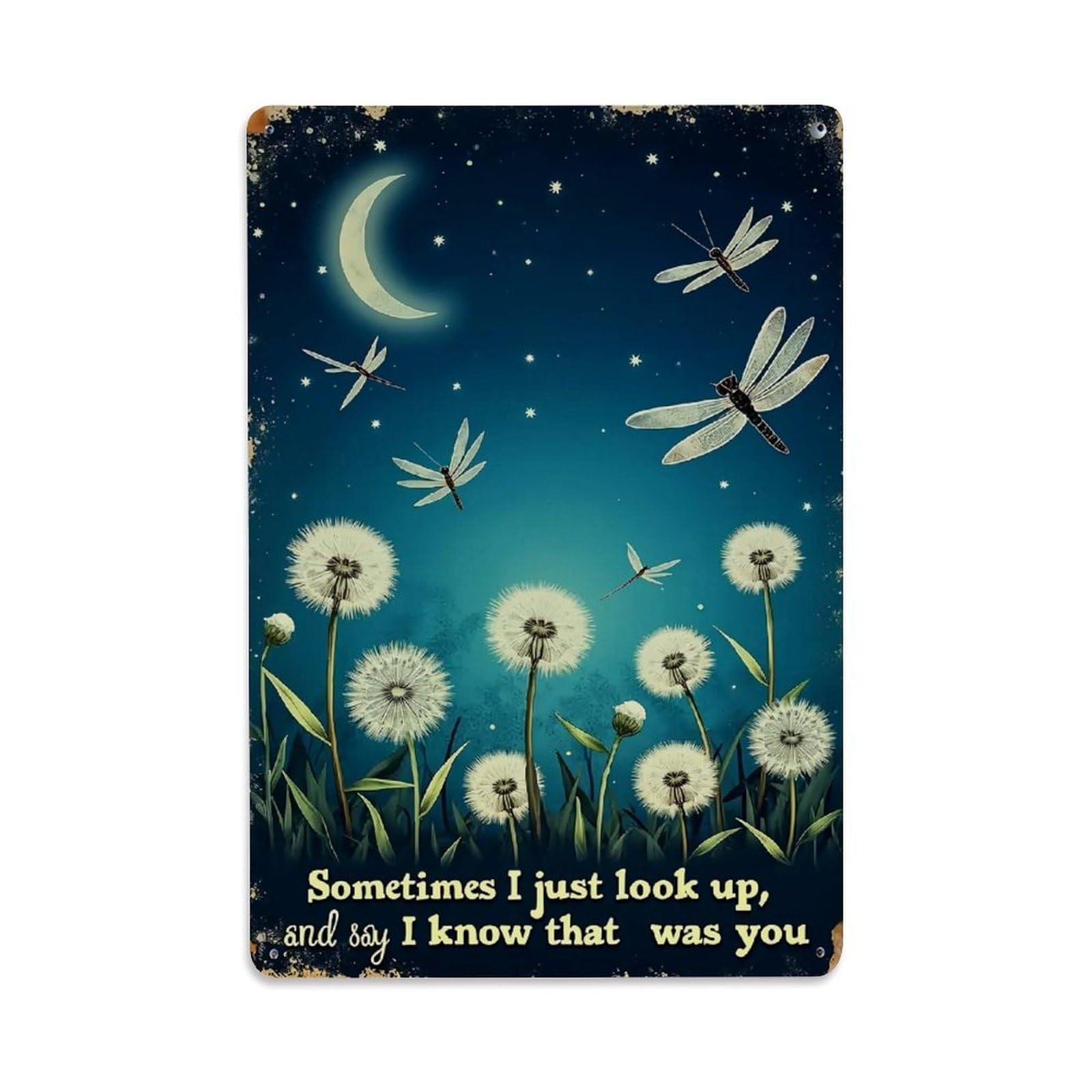 Nestemfo Vintage Moonlit Dragonflies Above Dandelions Tin Sign Metal Sign, Living Room,Bar, Home, Bedroom Wall Decor,Retro Metal Poster 8X12 Inches