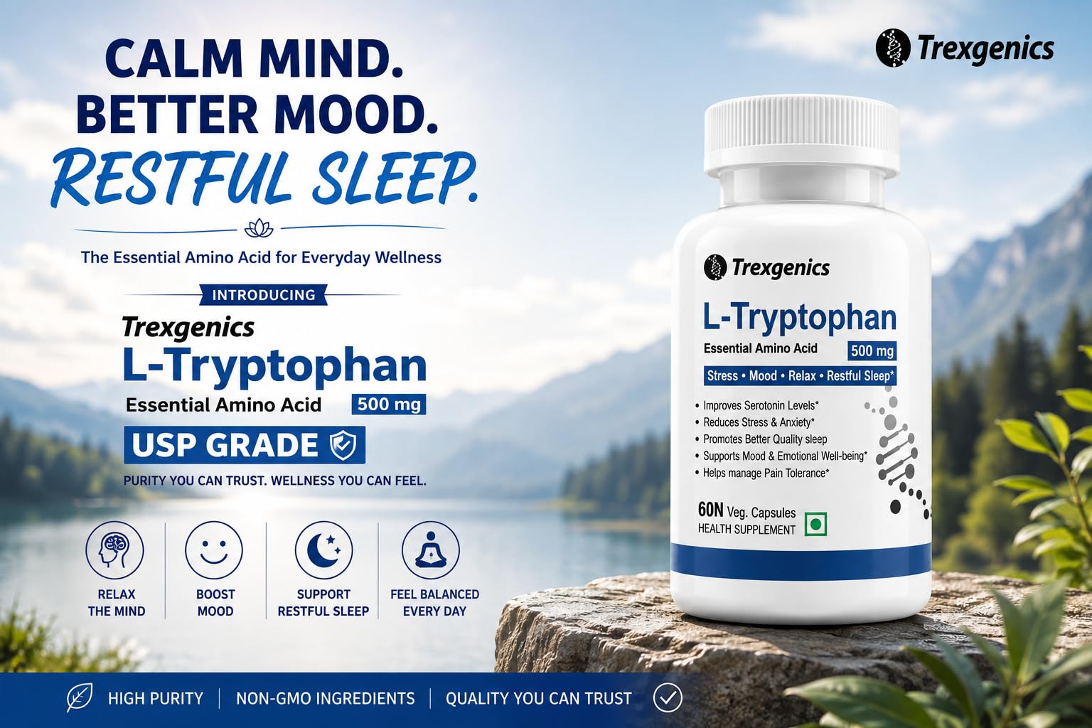 Trexgenics L-TRYPTOPHAN 500mg Essential amino acid, Stress, Mood, Relax, Restful Sleep Support (60 Vcaps) (1) — Amazon image 3