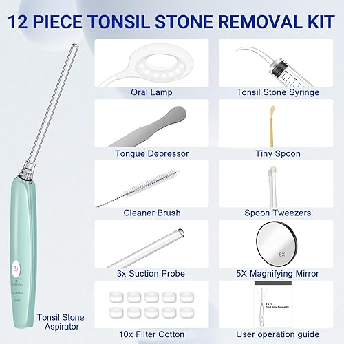 Miniatura 8 de Kit electrónico de eliminación de piedras amígdalas, aspiradora 12 en 1 con 3 modos de succión y lámpara oral, espejo de aumento 5X, para