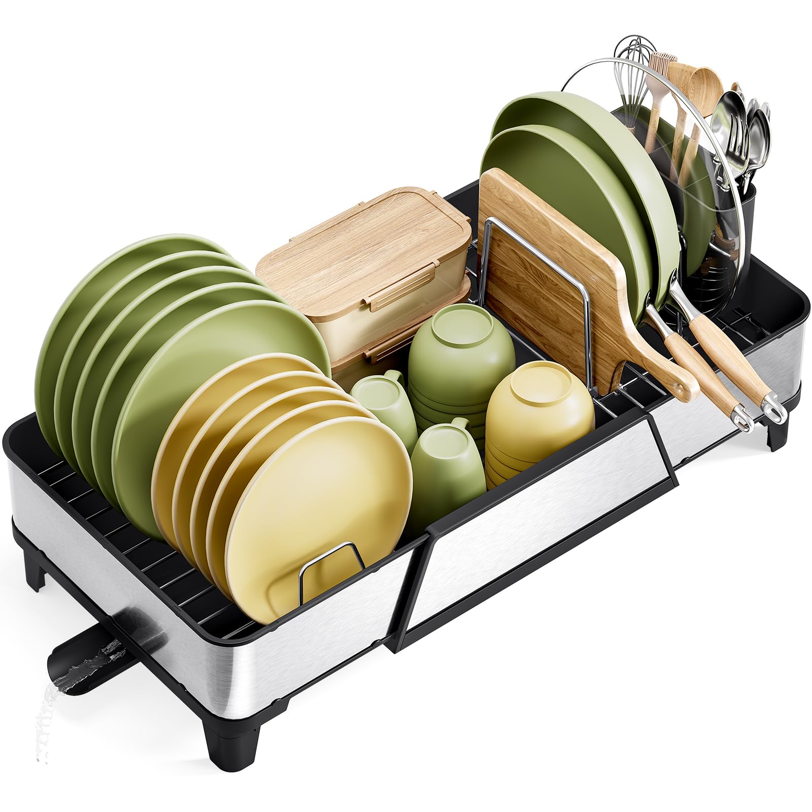 Spacious Dish Drying Rack - Triple Expandable Dish Rack for Kitchen Counter, Stainless Steel Sink Arrangement and Storage Essentials with Utensil & Pans Holder for Home and Apartment