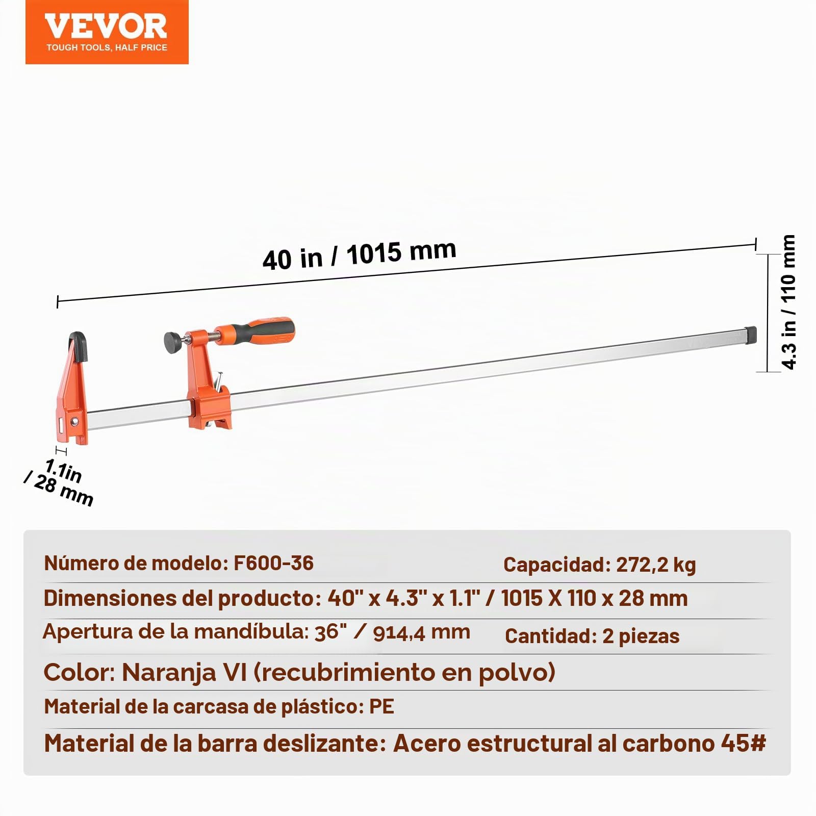 VEVOR Juego de 2 abrazaderas de liberación rápida Abrazadera con una sola mano Apertura 914,4 mm Longitud 1015 mm Fuerza de sujeción máxima Alicate esparcidor reversible de 272 kg para carpintero