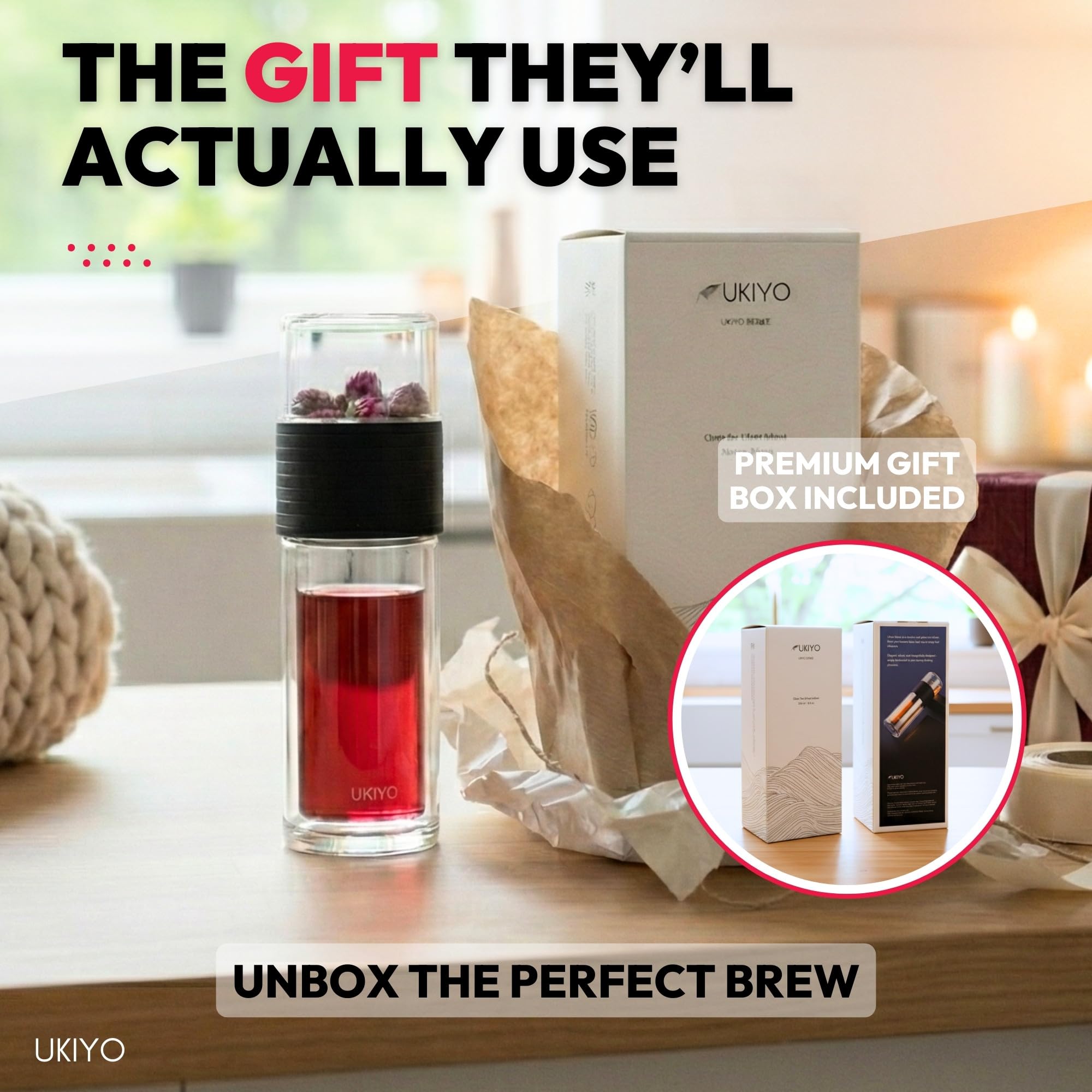 Ukiyo Sense Botella infusora de té y frutas de vidrio de doble pared, vaso de viaje con filtro de acero inoxidable y funda de neopreno