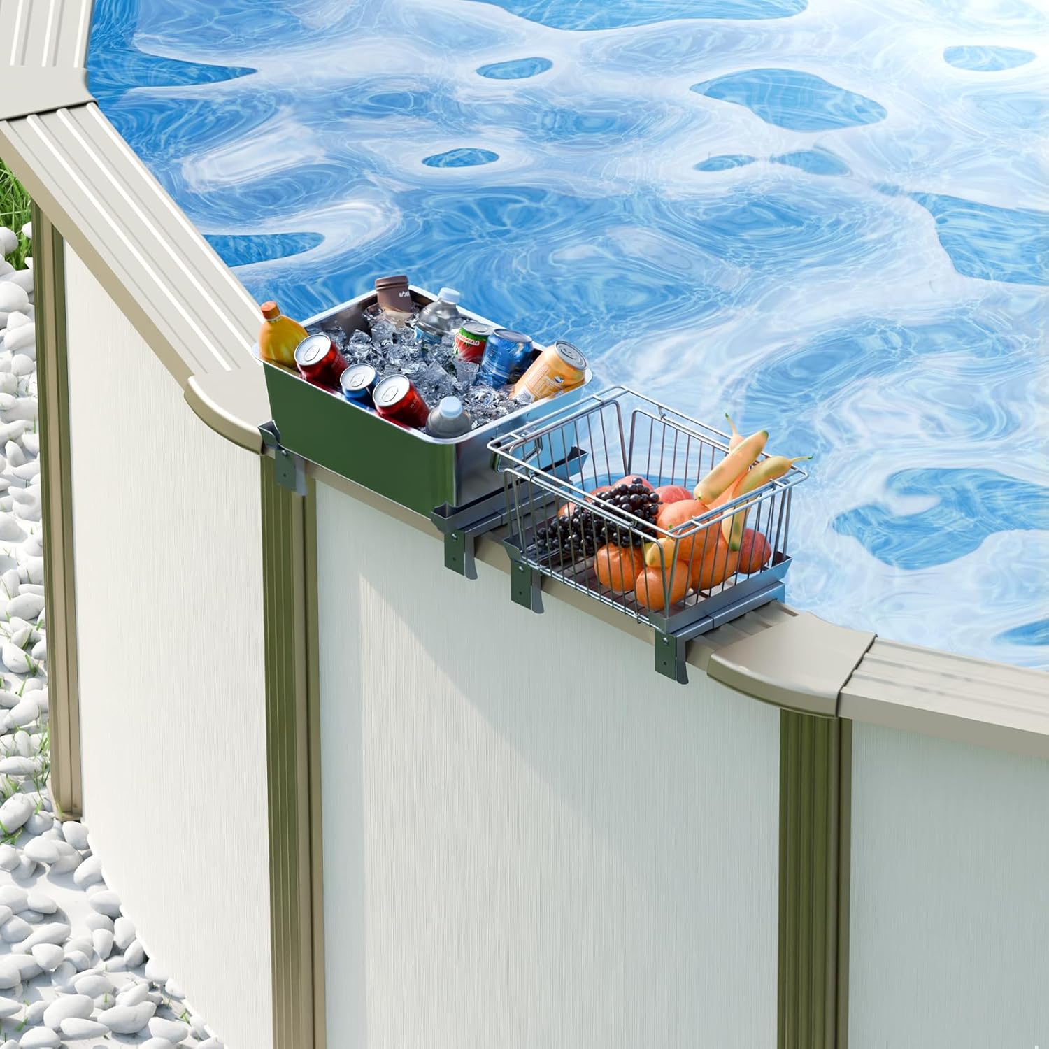 ECOPOOLTECH 2 Pack Poolside Storage Basket - Versatile Large Capacity Swimming Pool Organizer, Fits 3.9-8.6” Top Rails for Steel Wall Pool, Above Ground Pool Accessories, Installable Separately