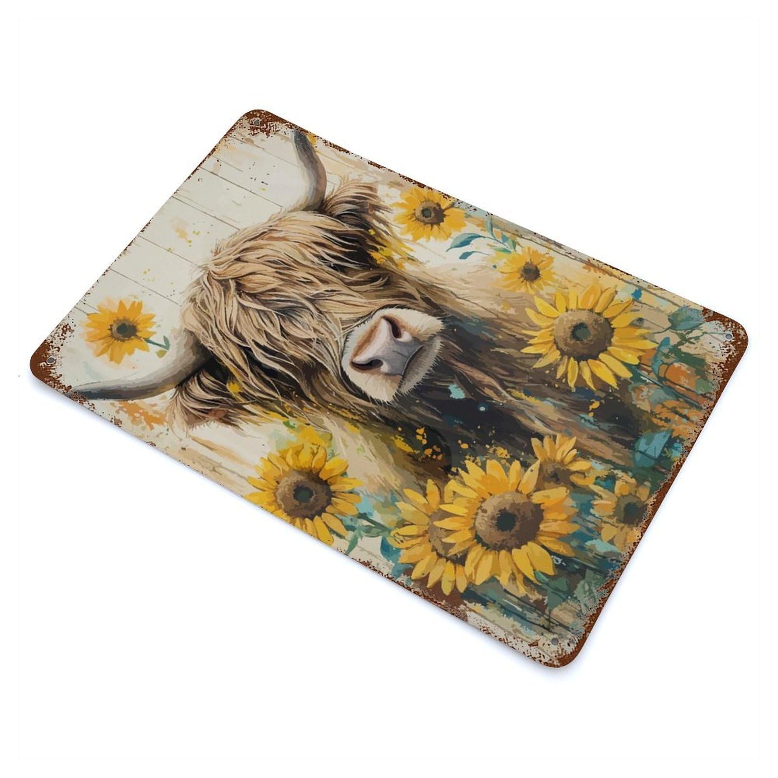 Highland Cow with Sunflowers Vintage Rust Metal Sign 11.8"x7.9", Farmhouse Wall Decor for Garage, Pub Or Kitchen