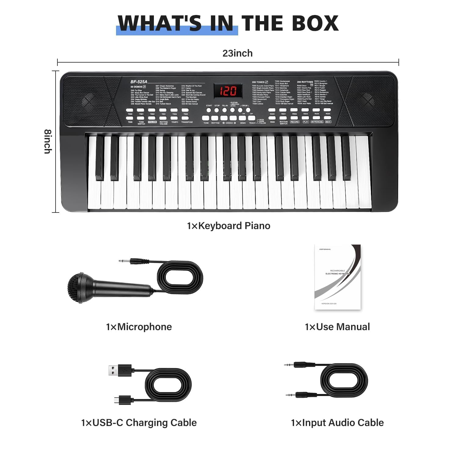 Tastiera Pianoforte 37 Tasti Portatile 1200mAh Batteria Ricaricabile Elettrica con Microfono Regalo Bambini