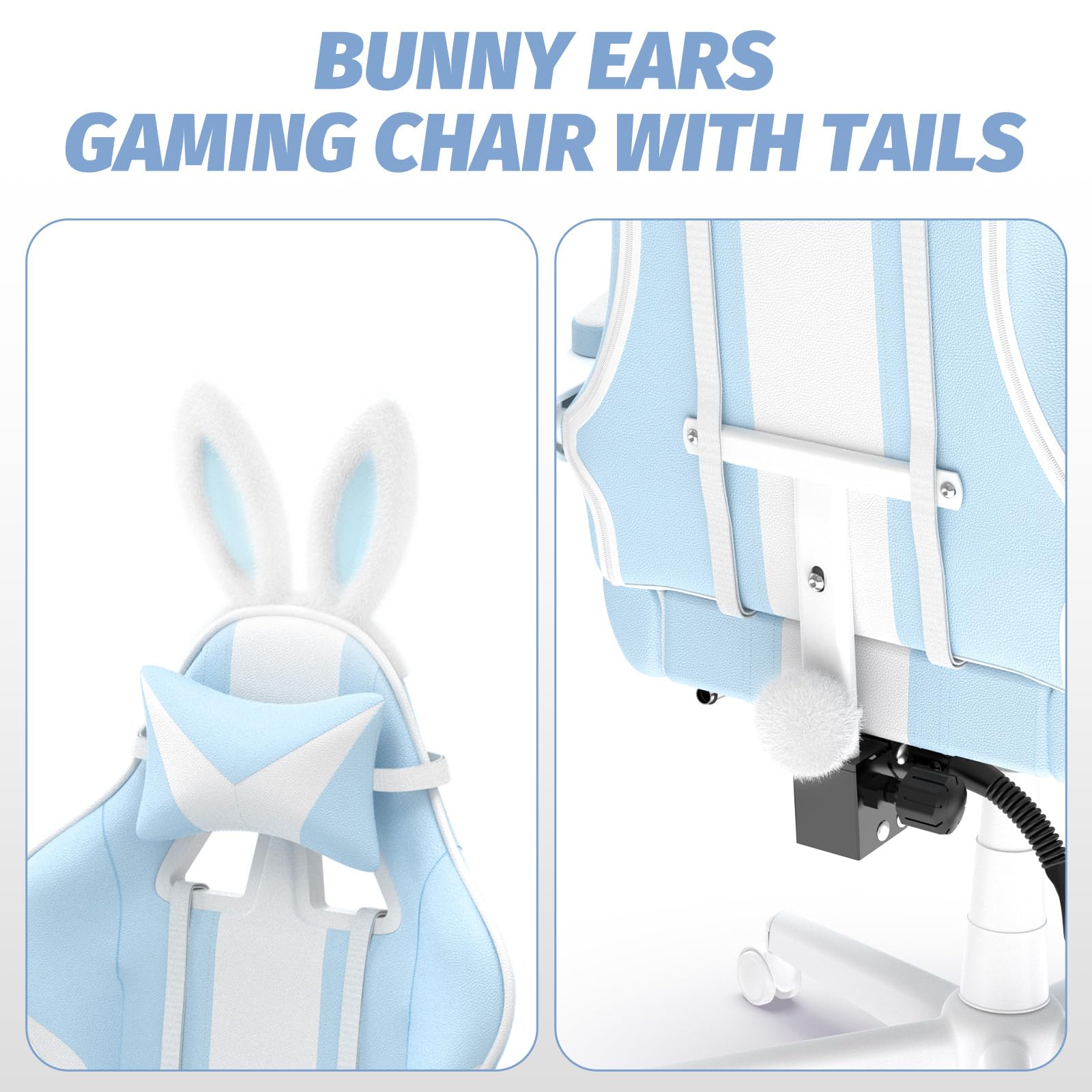 Huracan Gaming Stuhl Ergonomisch mit Fußstütze, Niedlicher Computerstuhl mit Katzenohren und Schwanz, Stoff Gamer Stuhl mit Massage-Lendenkissen, Höhenverstellbar, Komfortsitz, Hellblau
