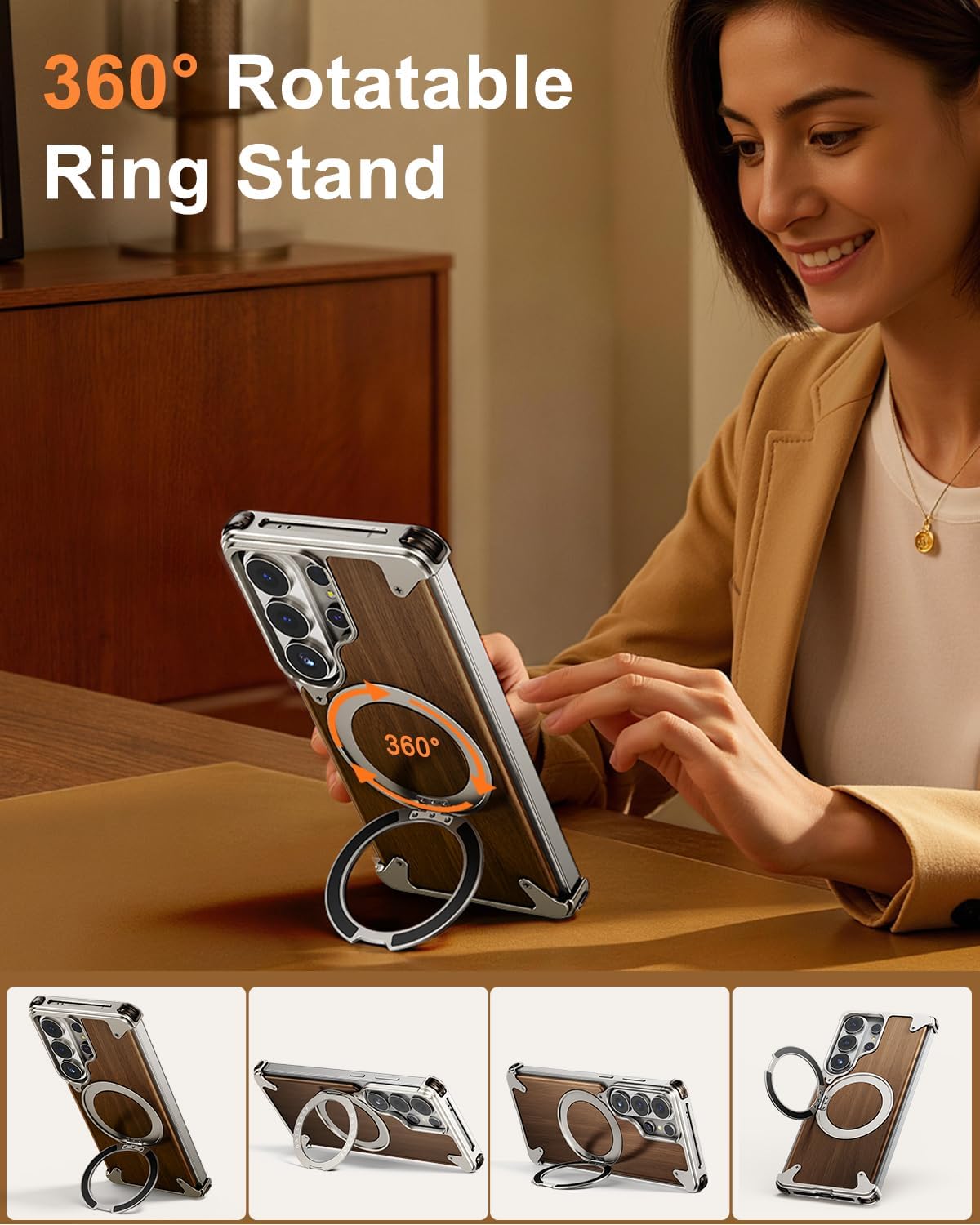 for Samsung Galaxy S26 Ultra Case with Magsafe Stand,Frameless Anti-Scratch Solid Wood Shockproof Protection Phone Cases,360°Rotatable Magnetic Kickstand Cover for S26 Ultra(Natural Titanium)