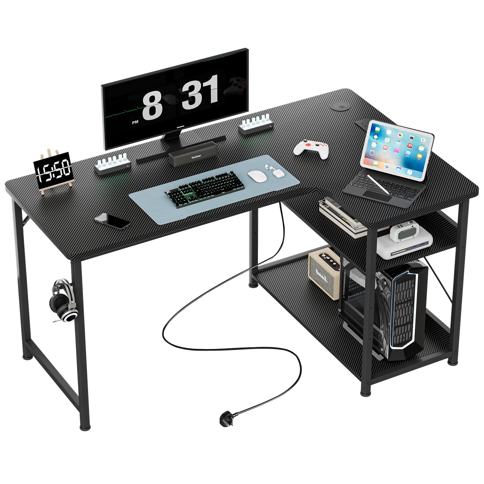 GTPLAYER Tavolo da gioco, 120 x 80 cm, a forma di L, con porta di ricarica USB e ripiano, scrivania angolare con ripiano, supporto per cuffie, tavolo per computer, tavolo da gioco